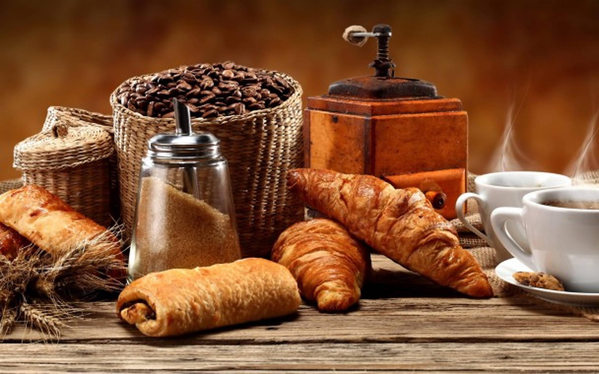 golden croissants, coffee beans, rustic wooden table, Full HD Desktop Wallpaper