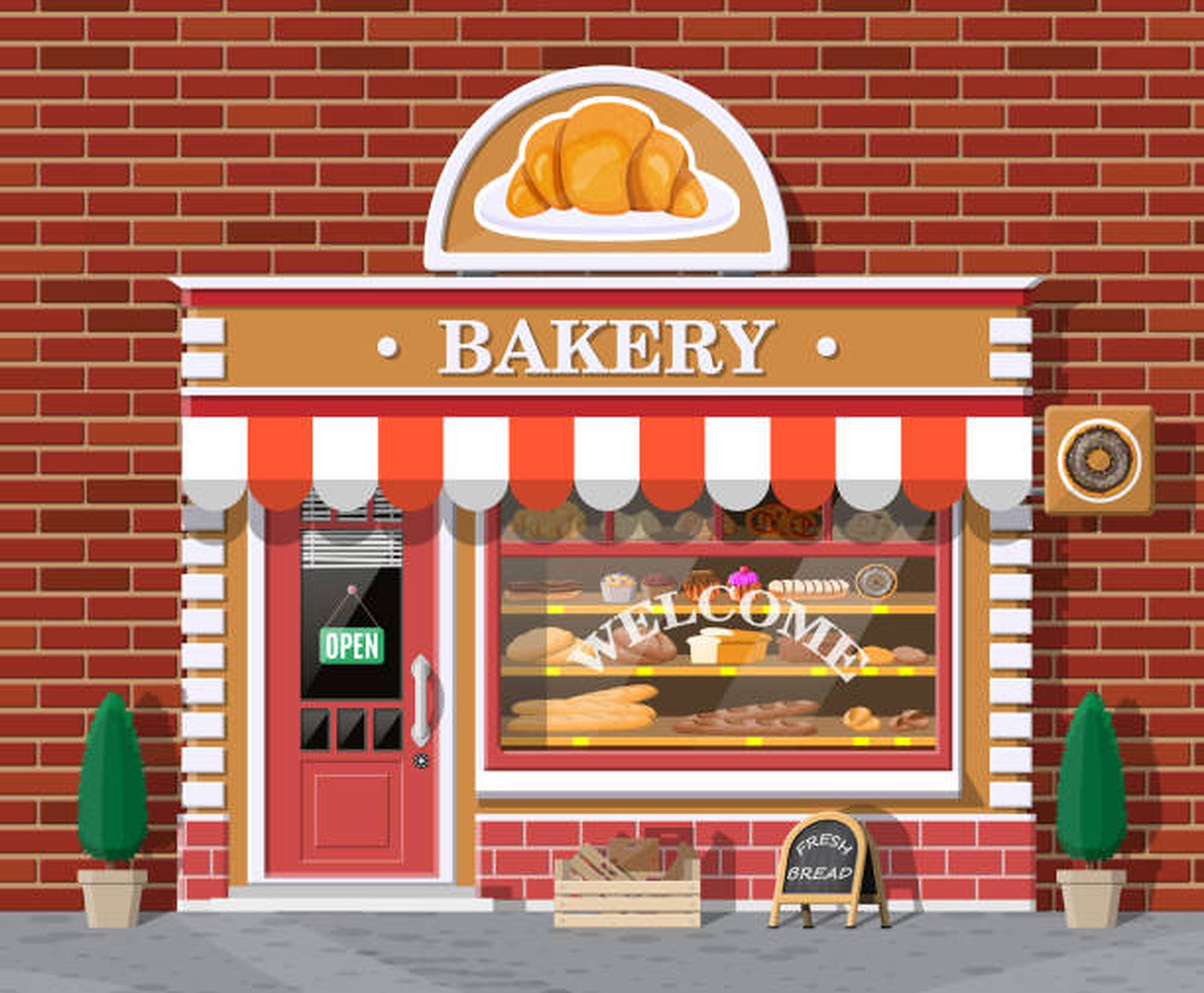 bakery store, red brick walls, striped awning, Full HD Desktop Wallpaper