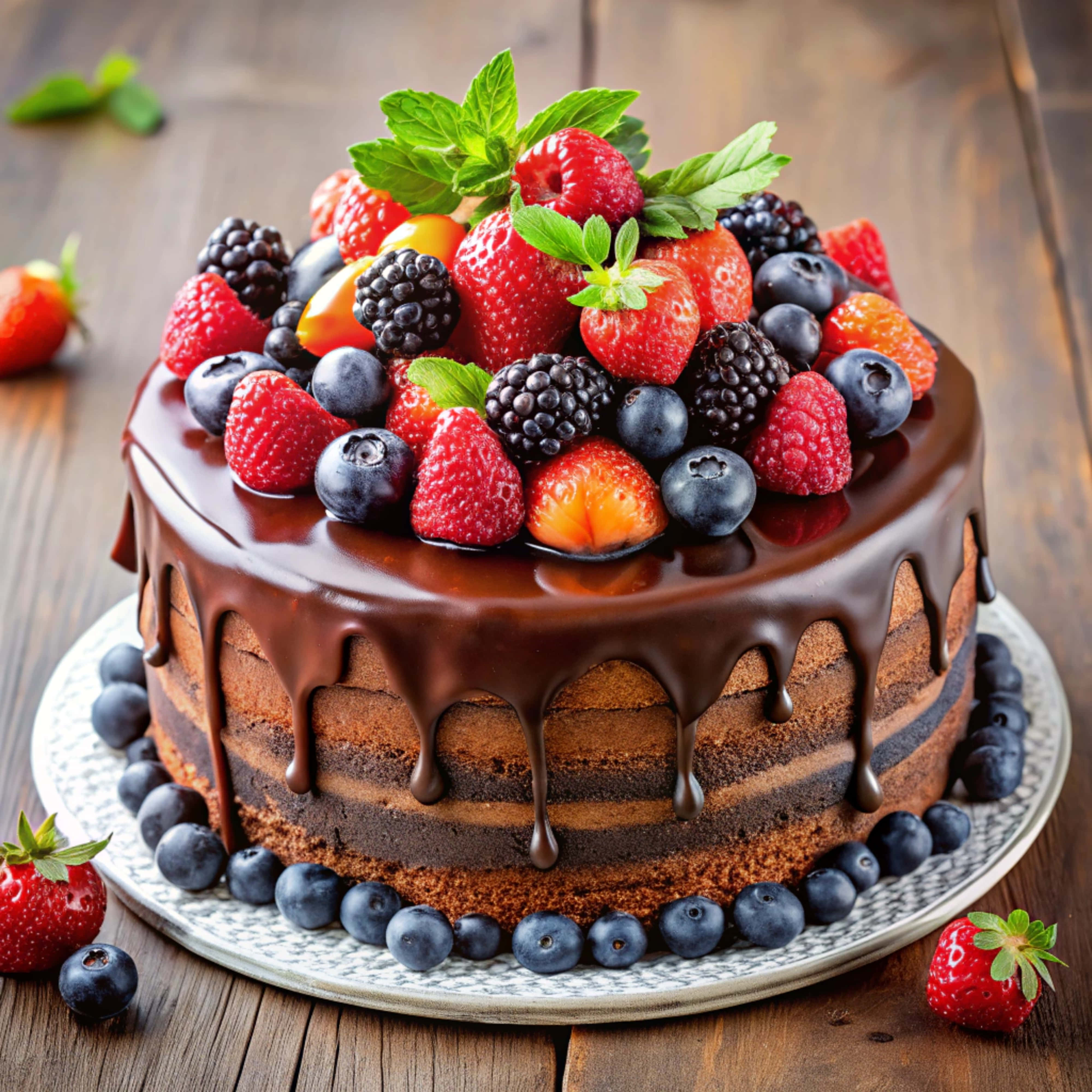 chocolate cake, glossy ganache drips, vibrant crown of fresh berries, 4K Desktop Wallpaper