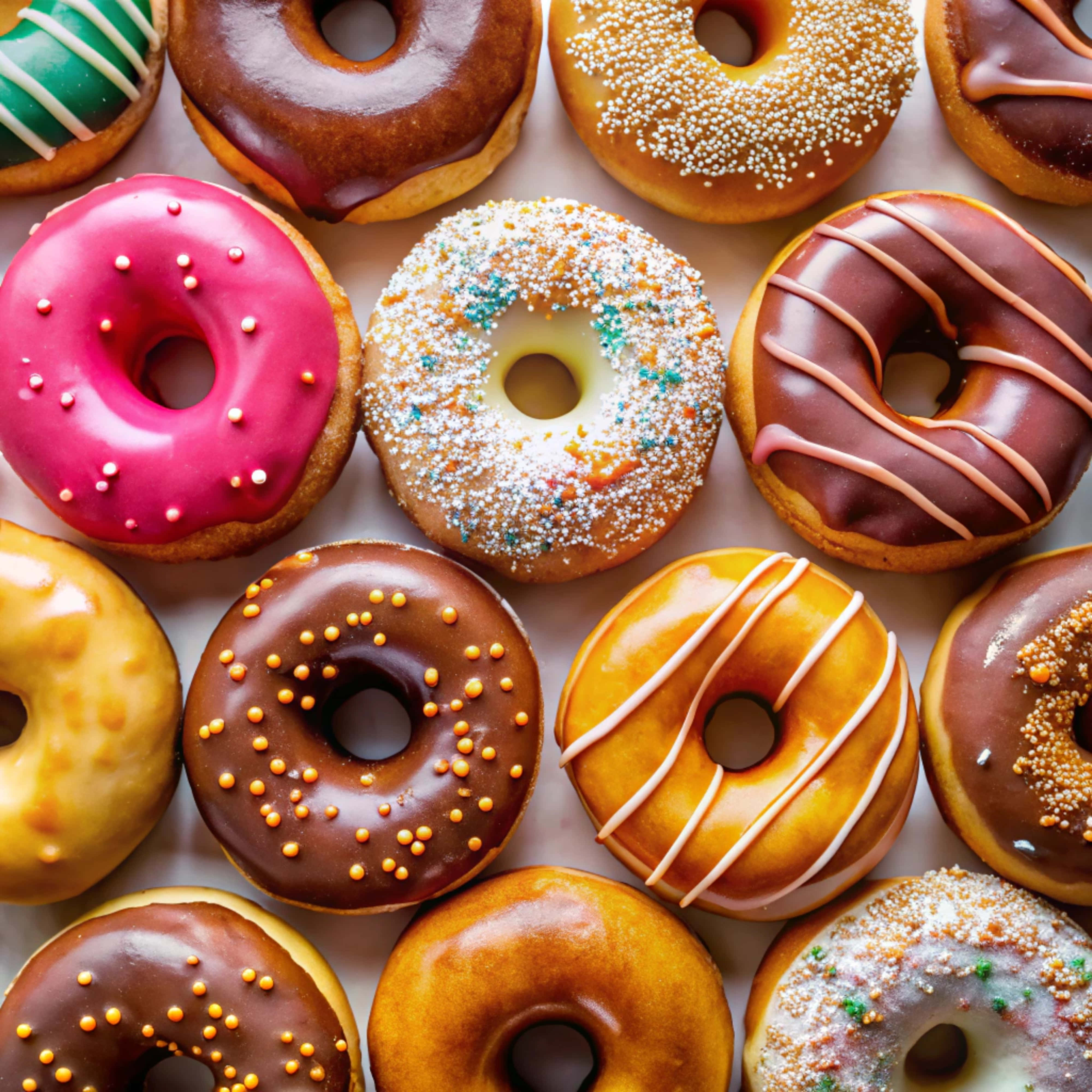 glazed donuts, sprinkled donuts, white surface, 4K Desktop Wallpaper