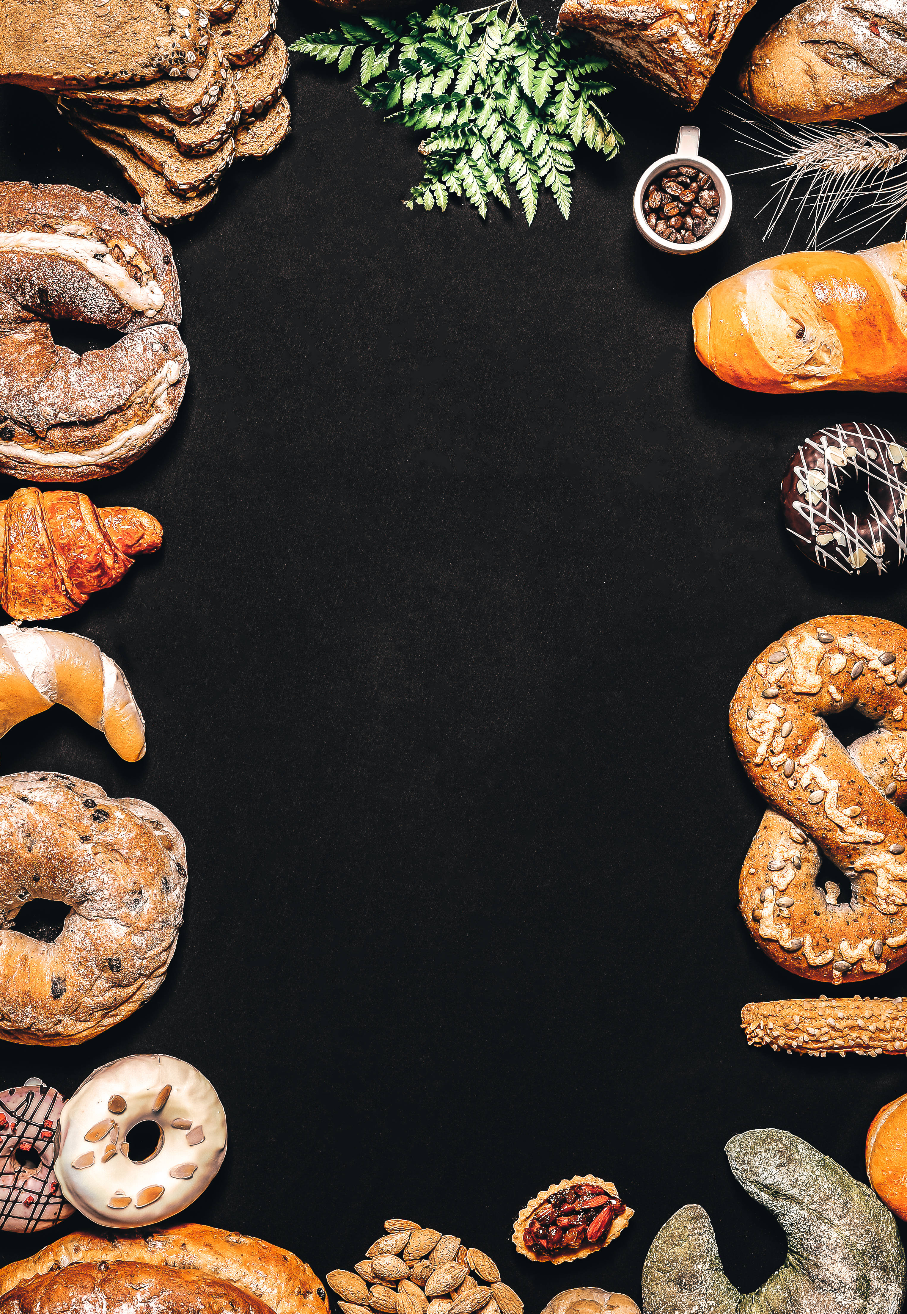 assorted pastry border, croissants, pretzels, 4K Phone Wallpaper