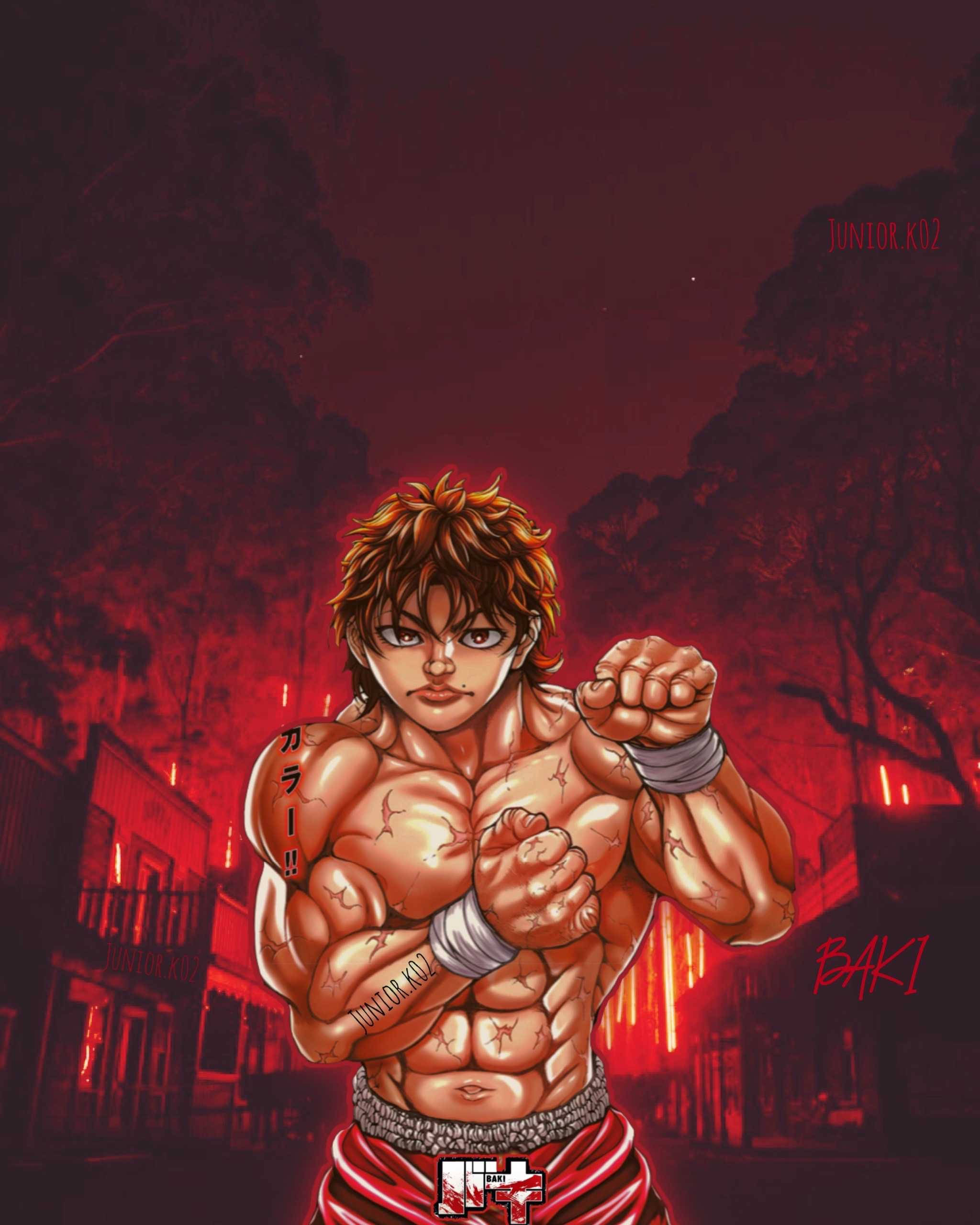 Baki Hanma, red boxing shorts, fiery red urban alleyway, 2K Phone Wallpaper