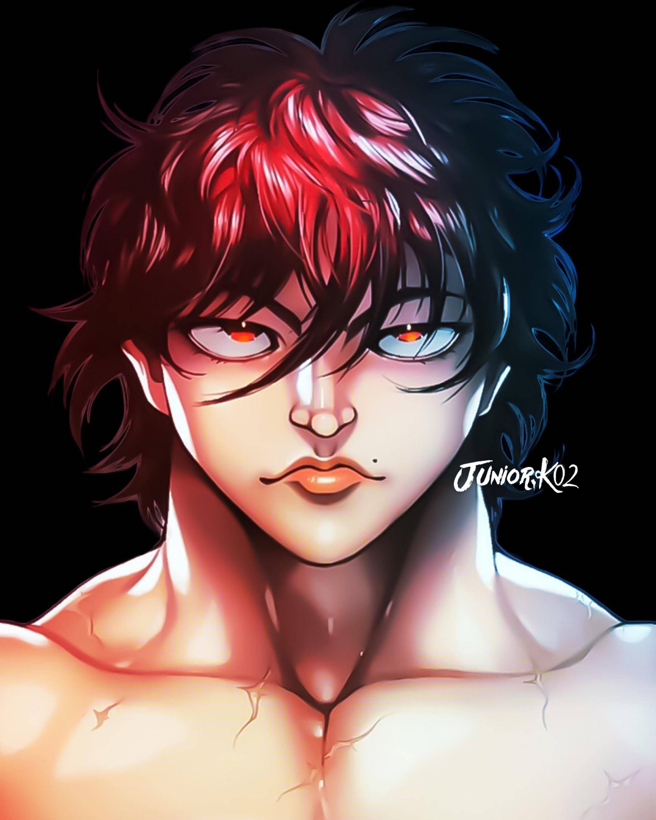 Baki Hanma, anime portrait, fiery red and dark blue hair, 2K Phone Wallpaper
