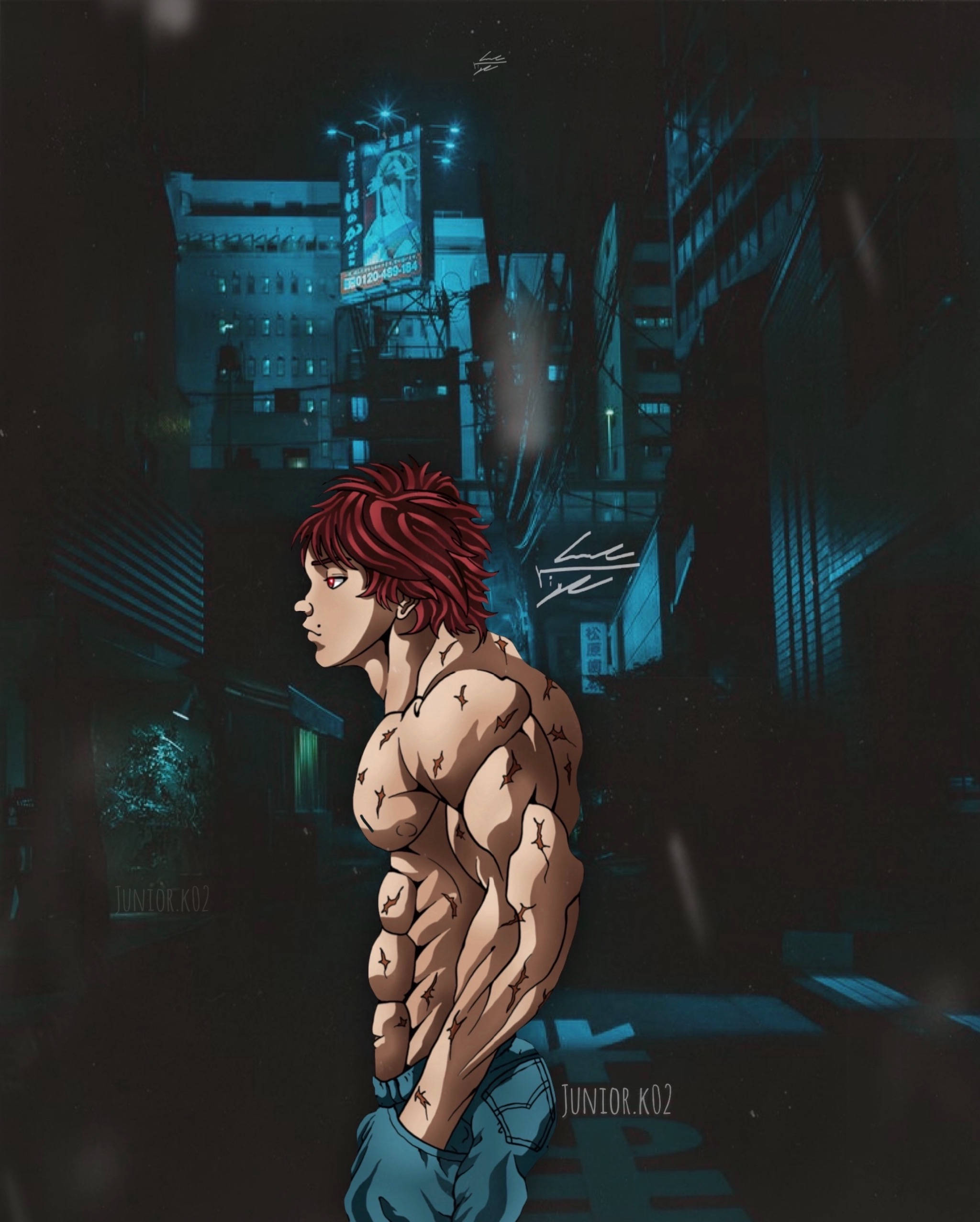 Baki Hanma, red-haired anime man, rainy neon-lit urban alley, Full HD Phone Wallpaper