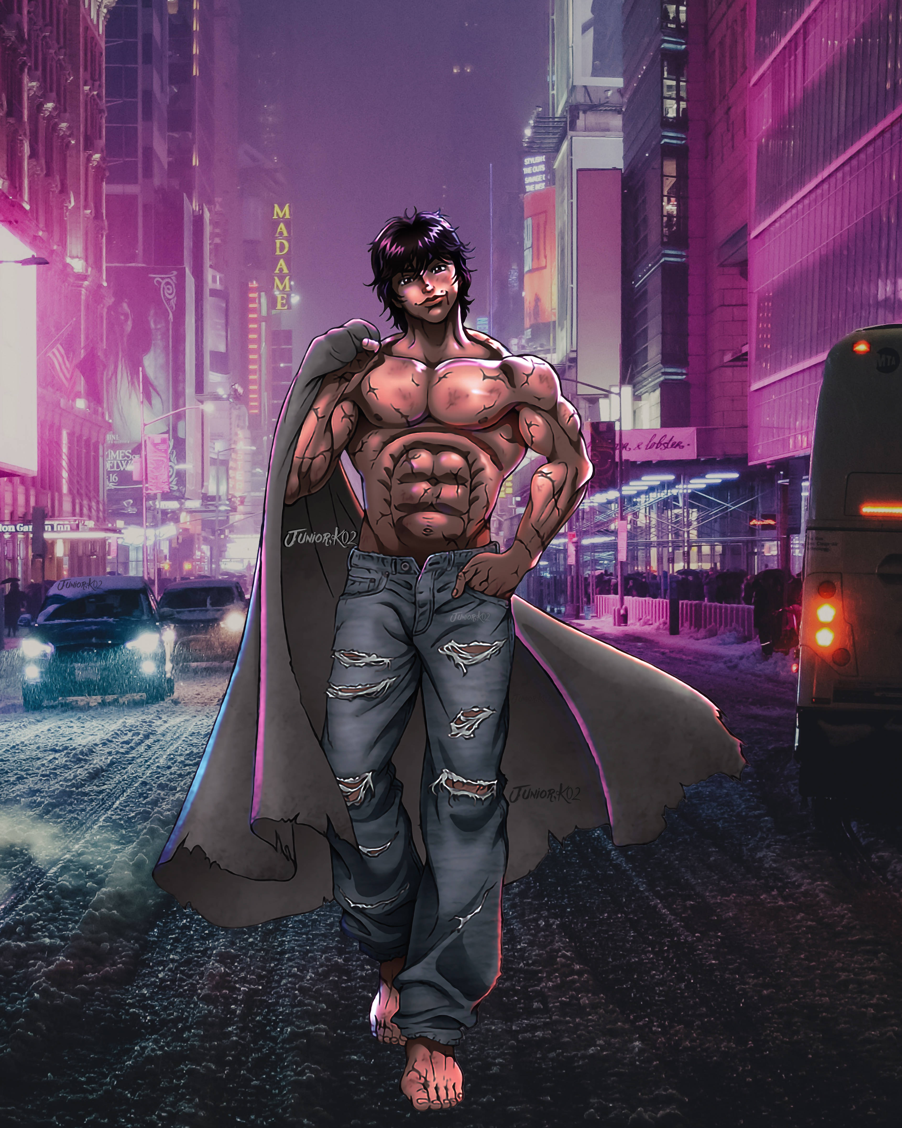 Baki Hanma, cape, neon-drenched, 4K Phone Wallpaper