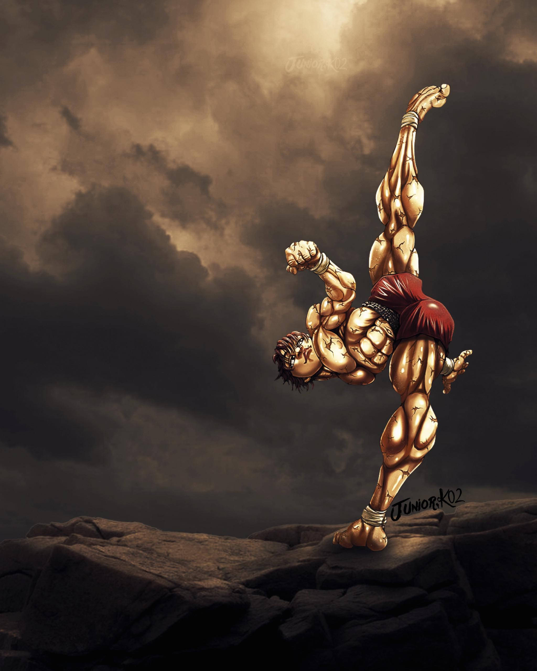 Baki Hanma, high kick pose, rocky cliff, 2K Phone Wallpaper