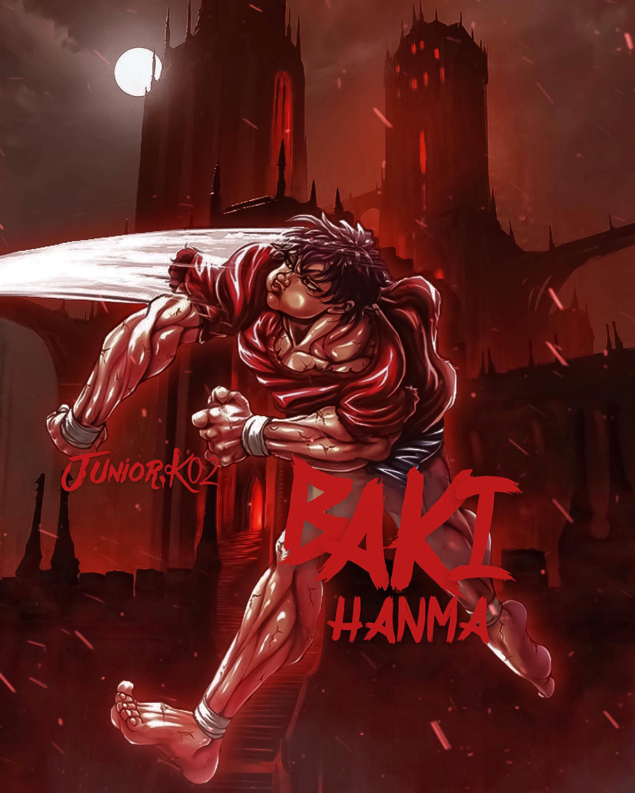 Baki Hanma, red cloth, glowing blade, 2K Phone Wallpaper