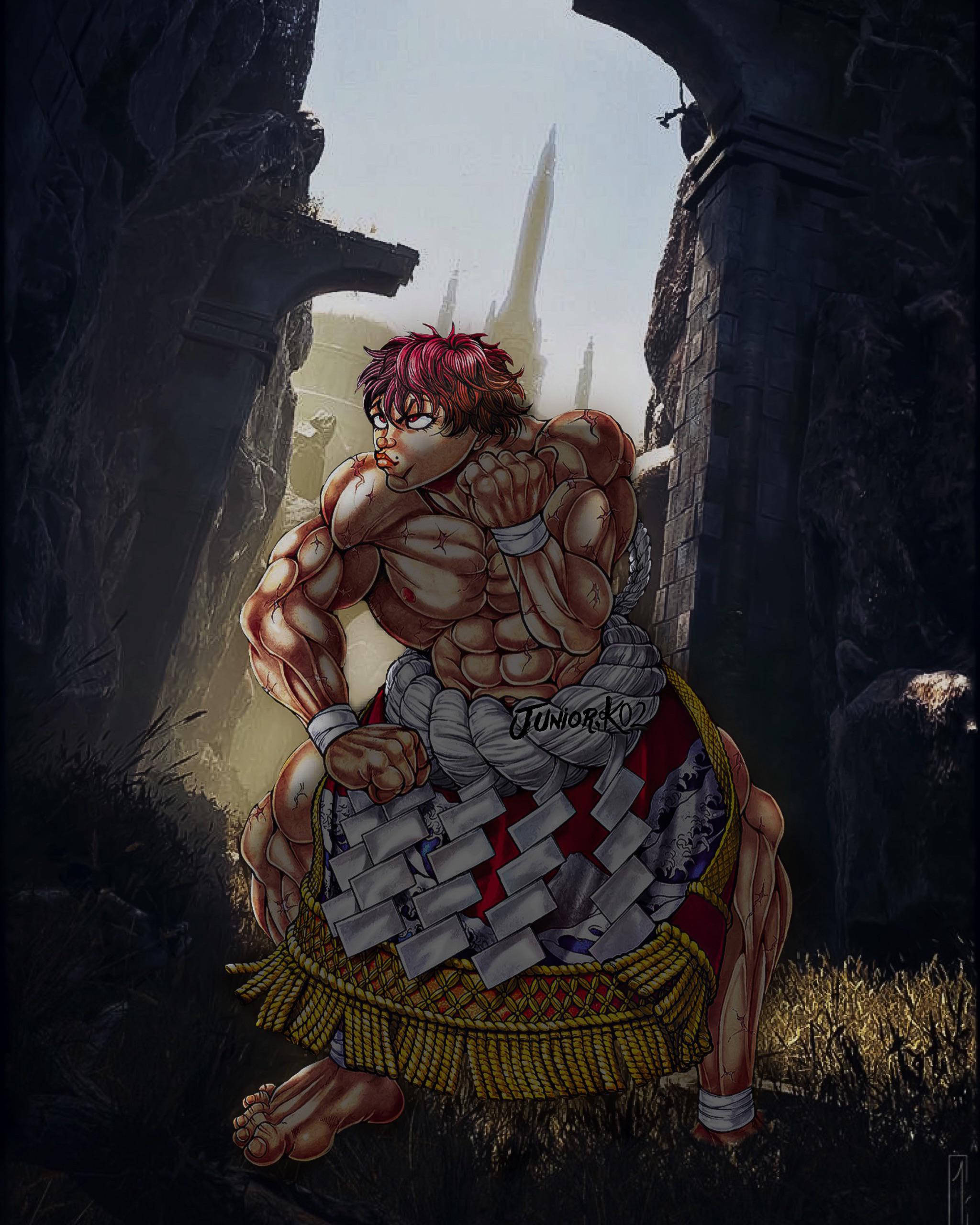 Baki Hanma, red hair, stone ruin, 2K Phone Wallpaper