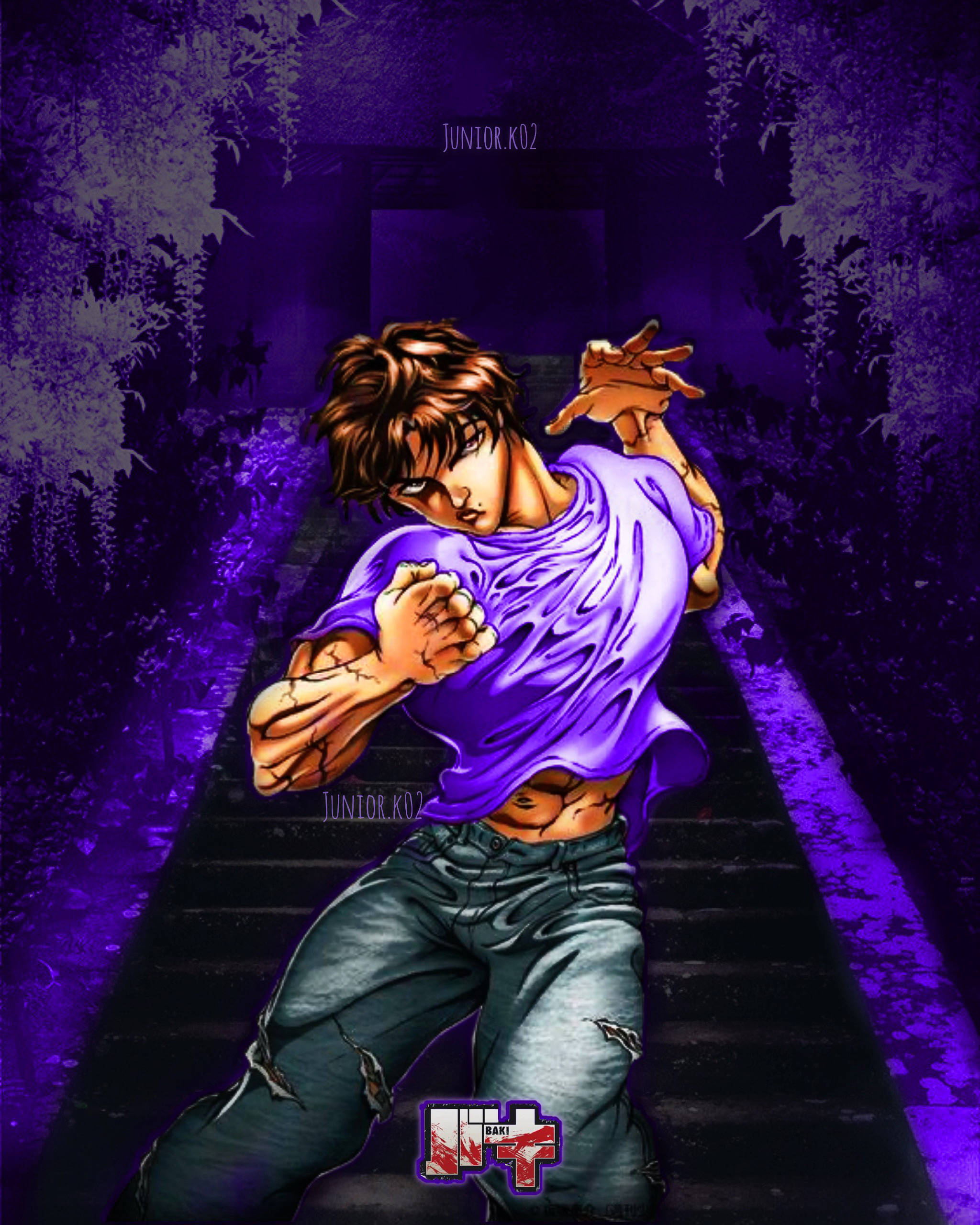 Baki Hanma, violet, purple shirt, 2K Phone Wallpaper