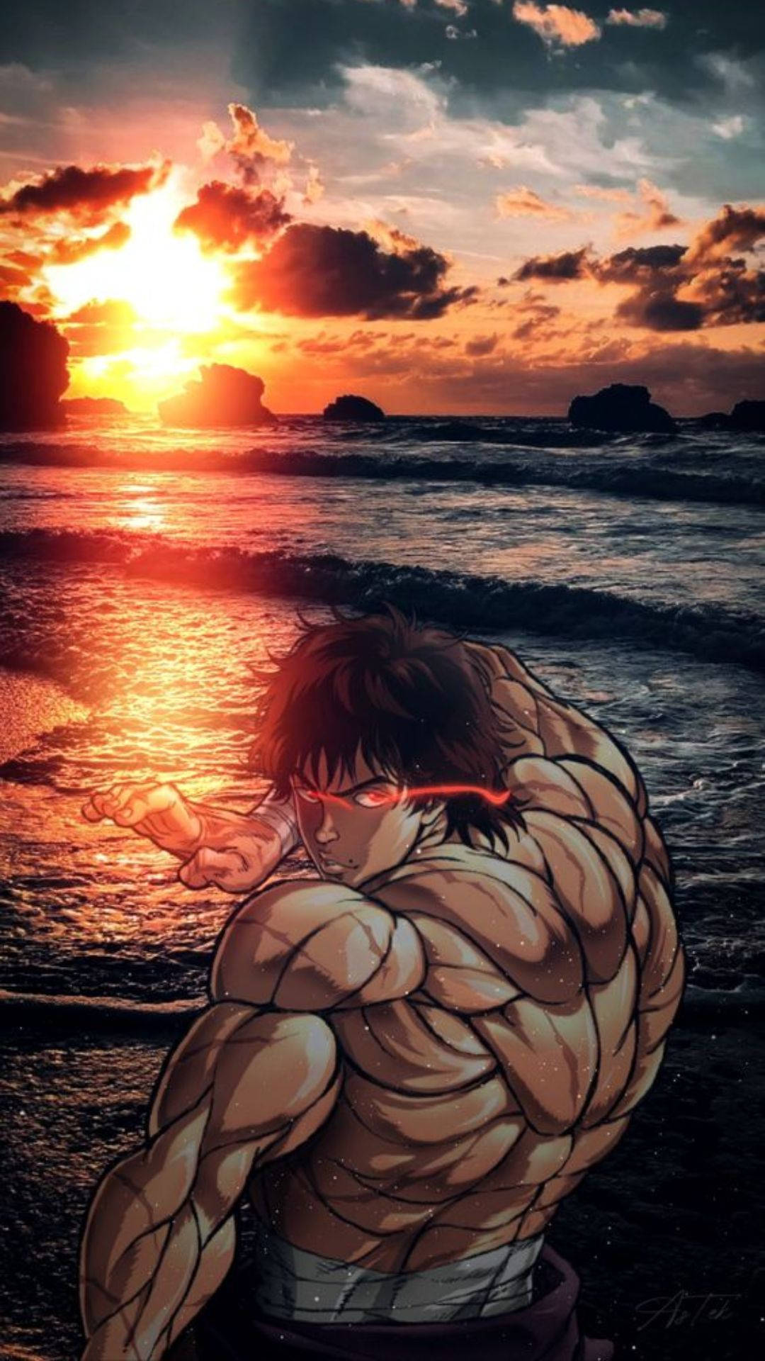 Baki HD, red glare eyes, beach, Full HD Phone Wallpaper