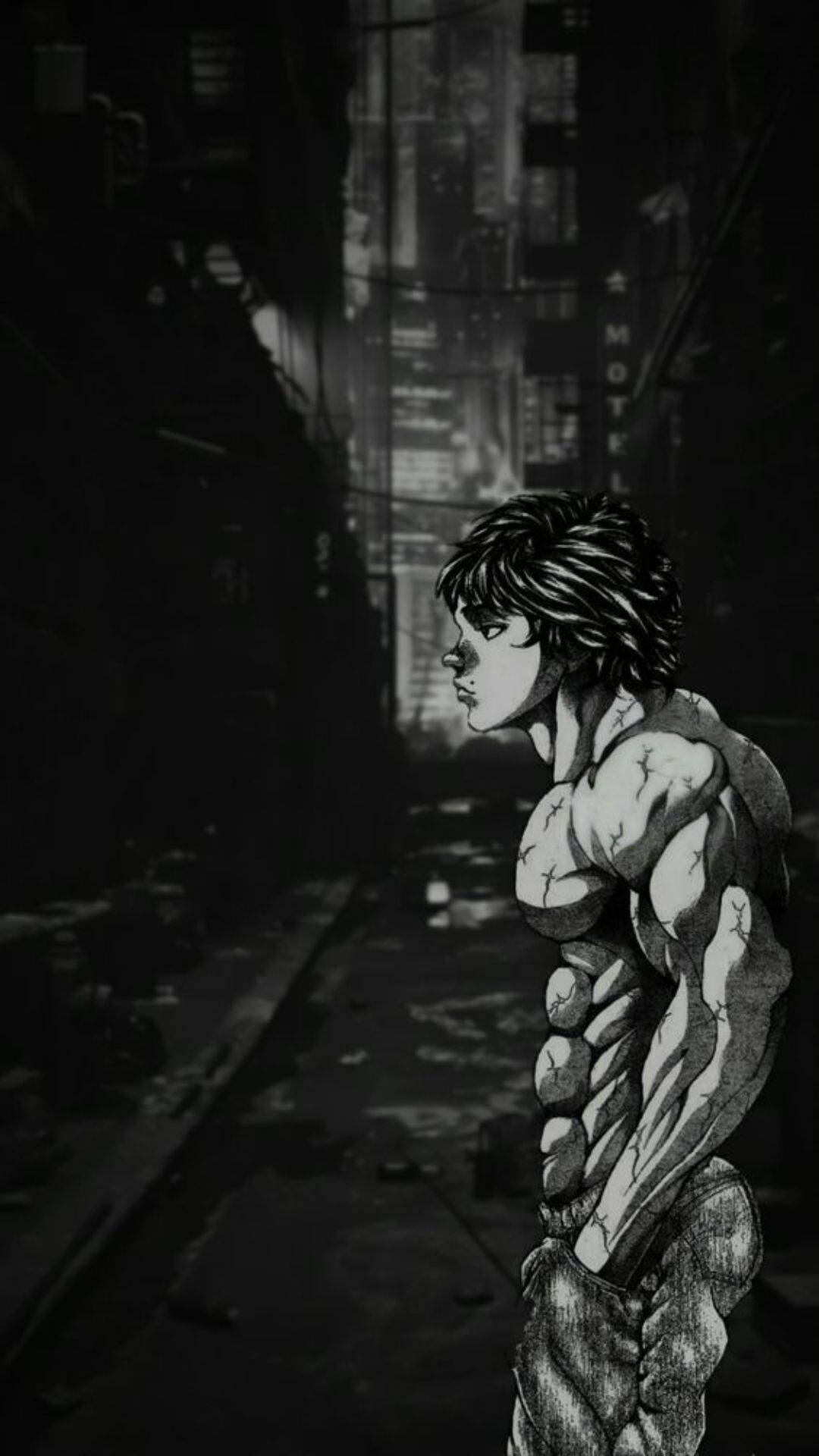 Baki HD, grayscale, urban alleyway, Full HD Phone Wallpaper