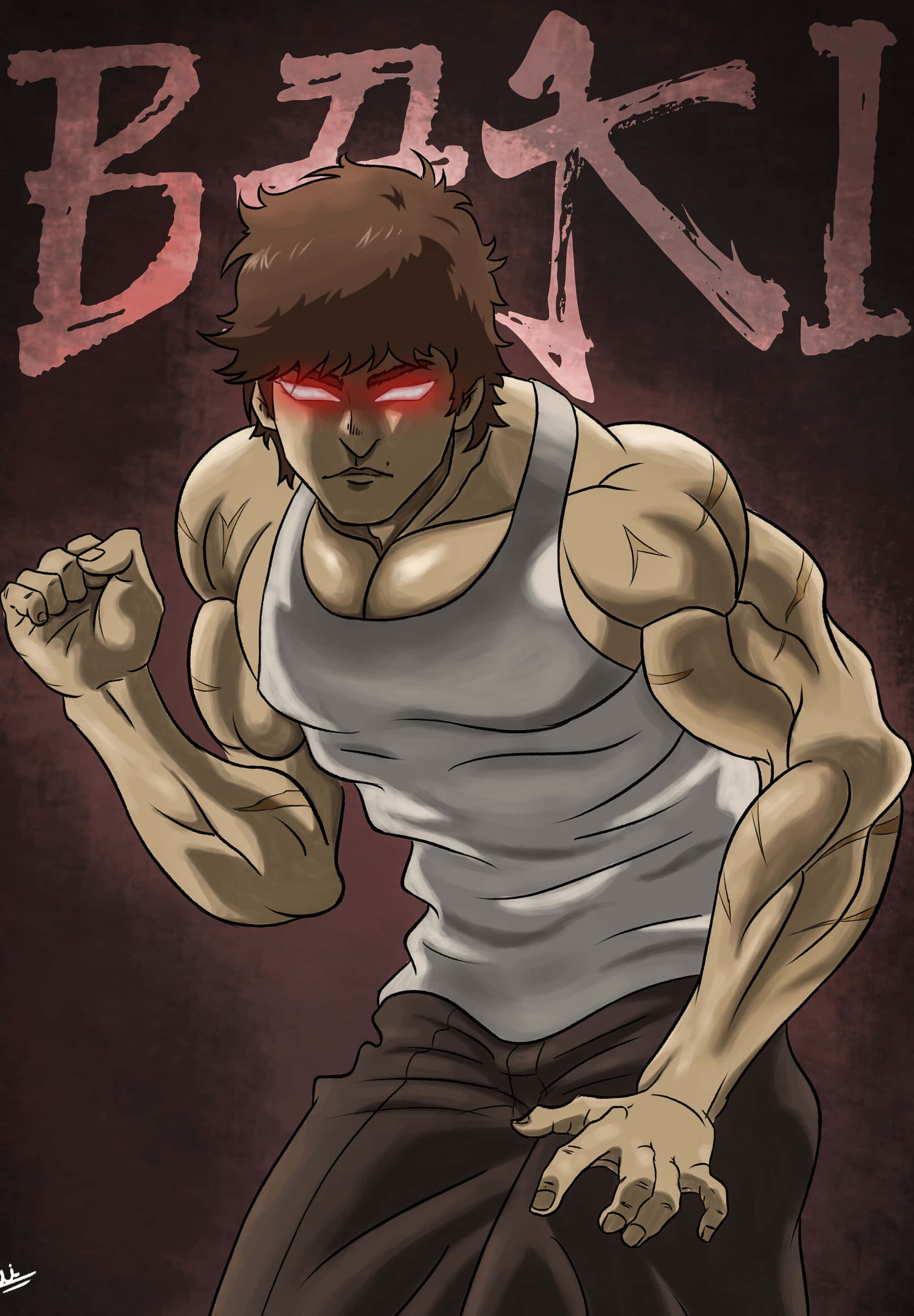 Baki The Grappler, glowing red eyes, spiky brown hair, 2K Phone Wallpaper