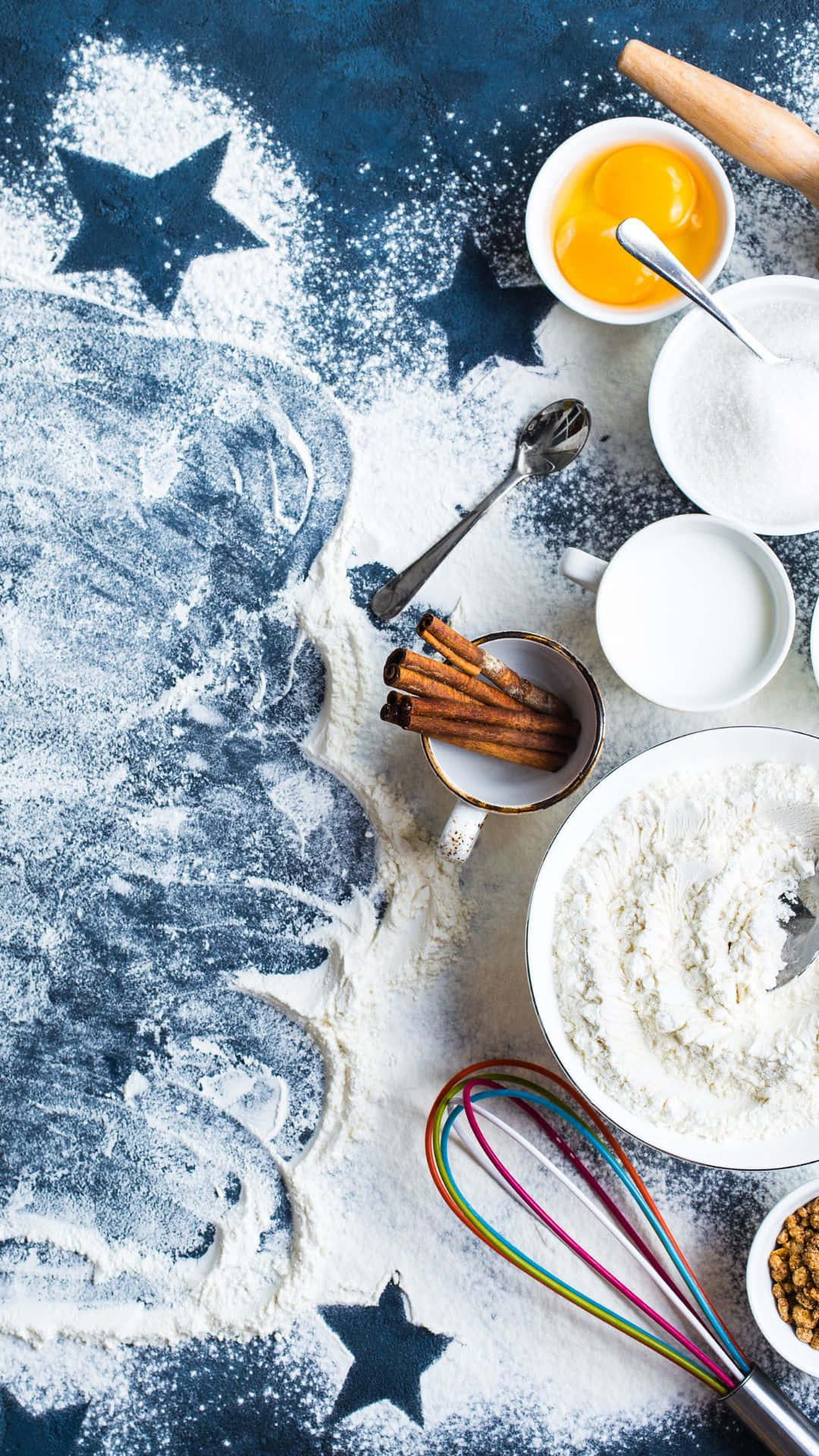 baking iPhone, dark blue surface, star-shaped flour patterns, Full HD Phone Wallpaper