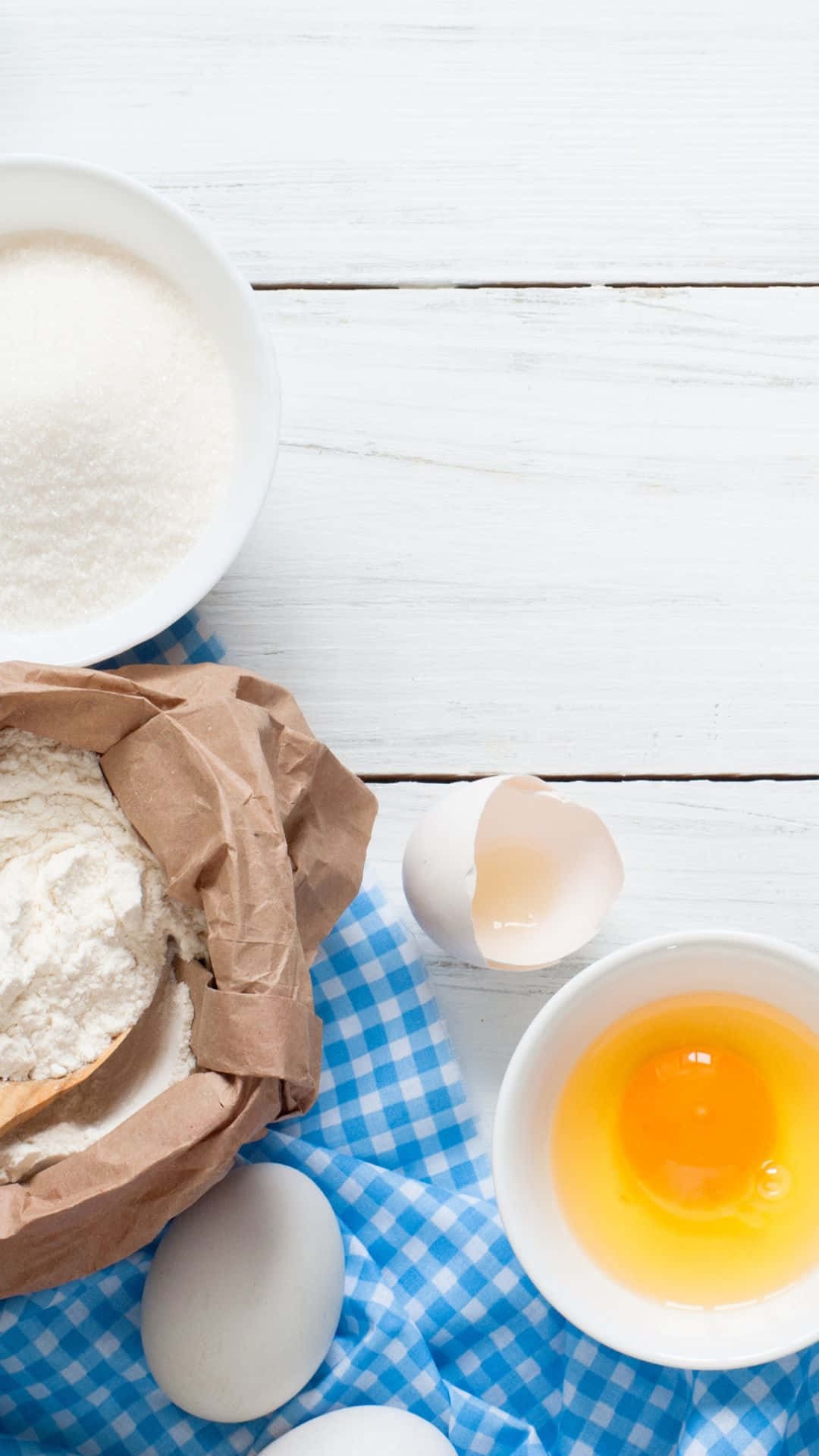 baking iPhone, blue checkered cloth, white wooden planks, Full HD Phone Wallpaper