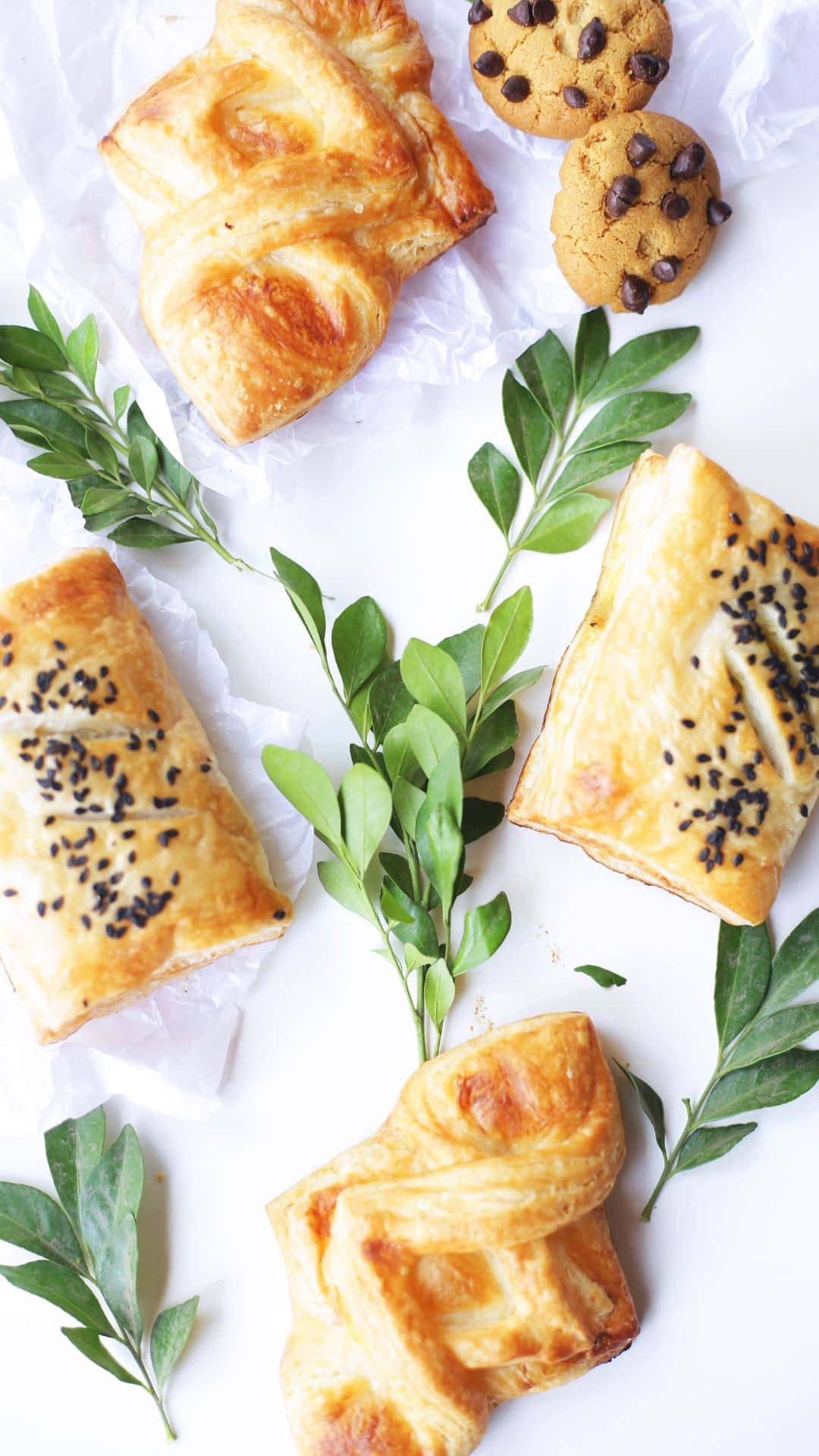 Baking iPhone, golden flaky pastries, chocolate chip cookies, Full HD Phone Wallpaper