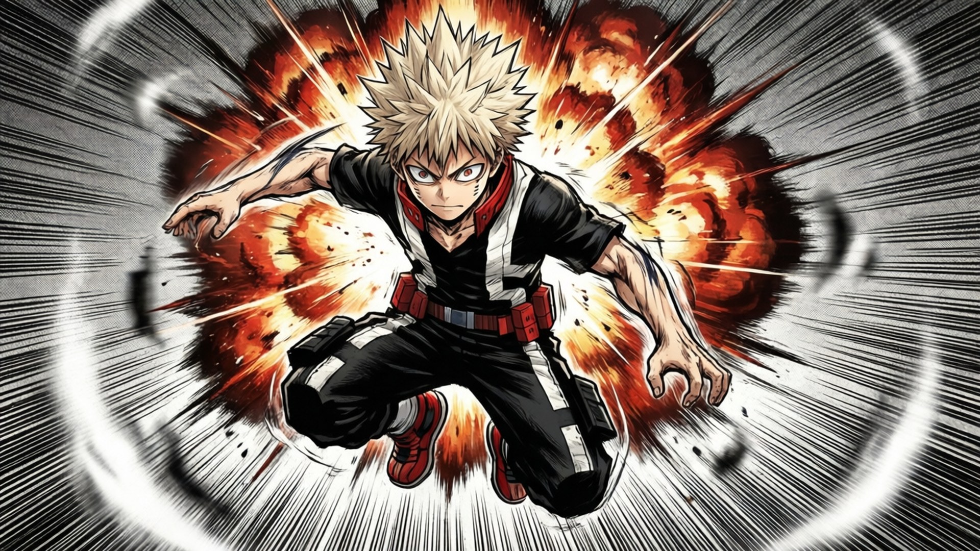 Bakugo, mid-air explosion, manga page style, Full HD Desktop Wallpaper