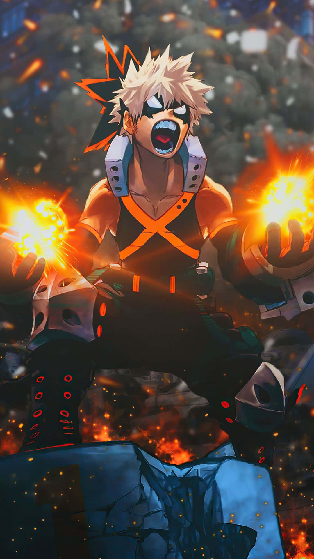 Bakugo Phone, spiky blonde hair, fiery energy orbs, Full HD Phone Wallpaper