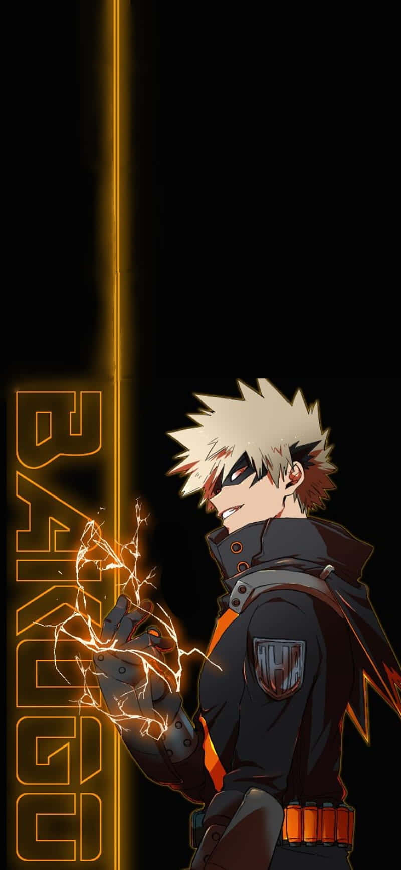 Bakugo, glowing orange lightning, black background, HD Phone Wallpaper