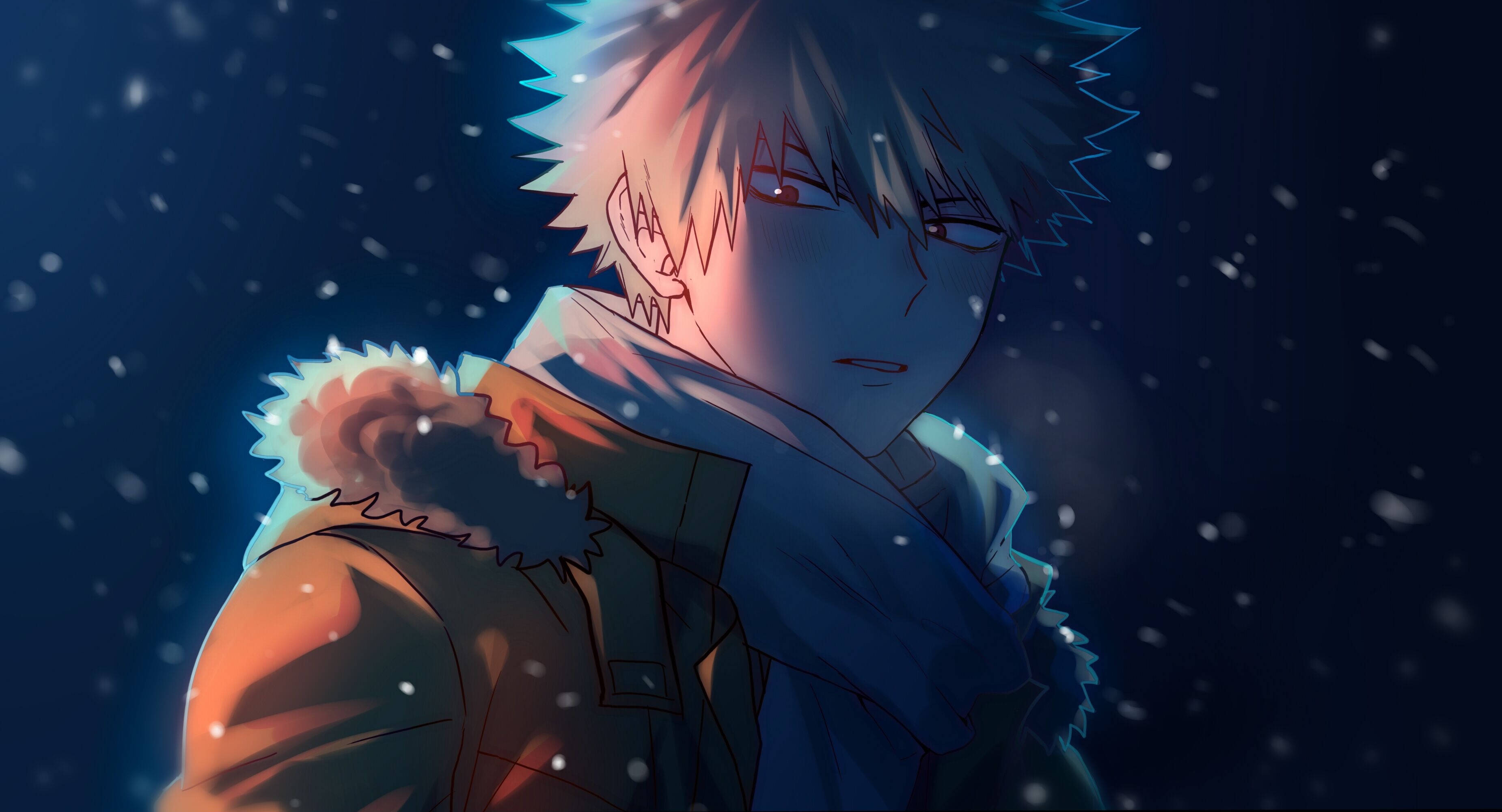 Bakugo, spiky-haired anime boy, winter coat, 2K Desktop Wallpaper