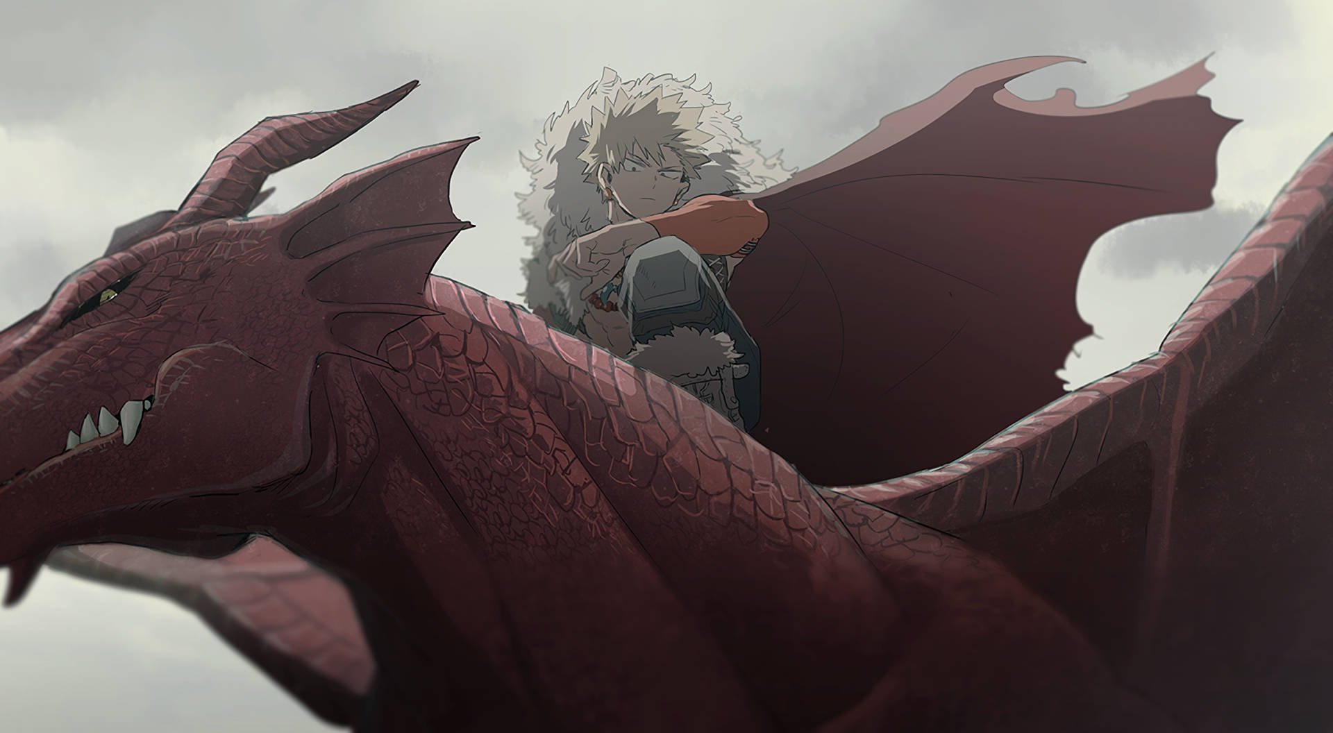 Bakugo, silver-haired anime boy, massive red dragon, Full HD Desktop Wallpaper