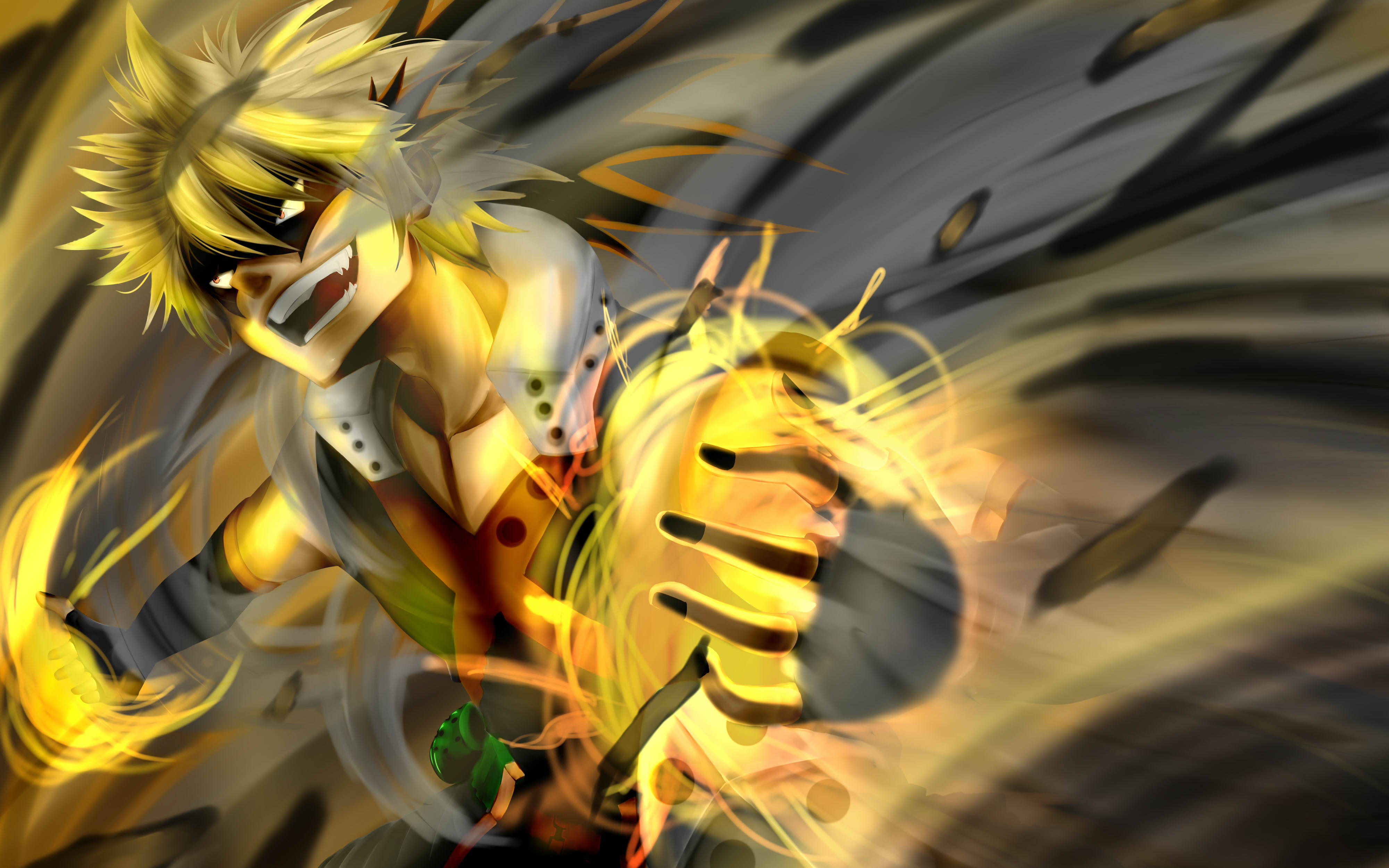 Bakugo, spiky-haired anime character, fiery energy blast, 4K Desktop Wallpaper