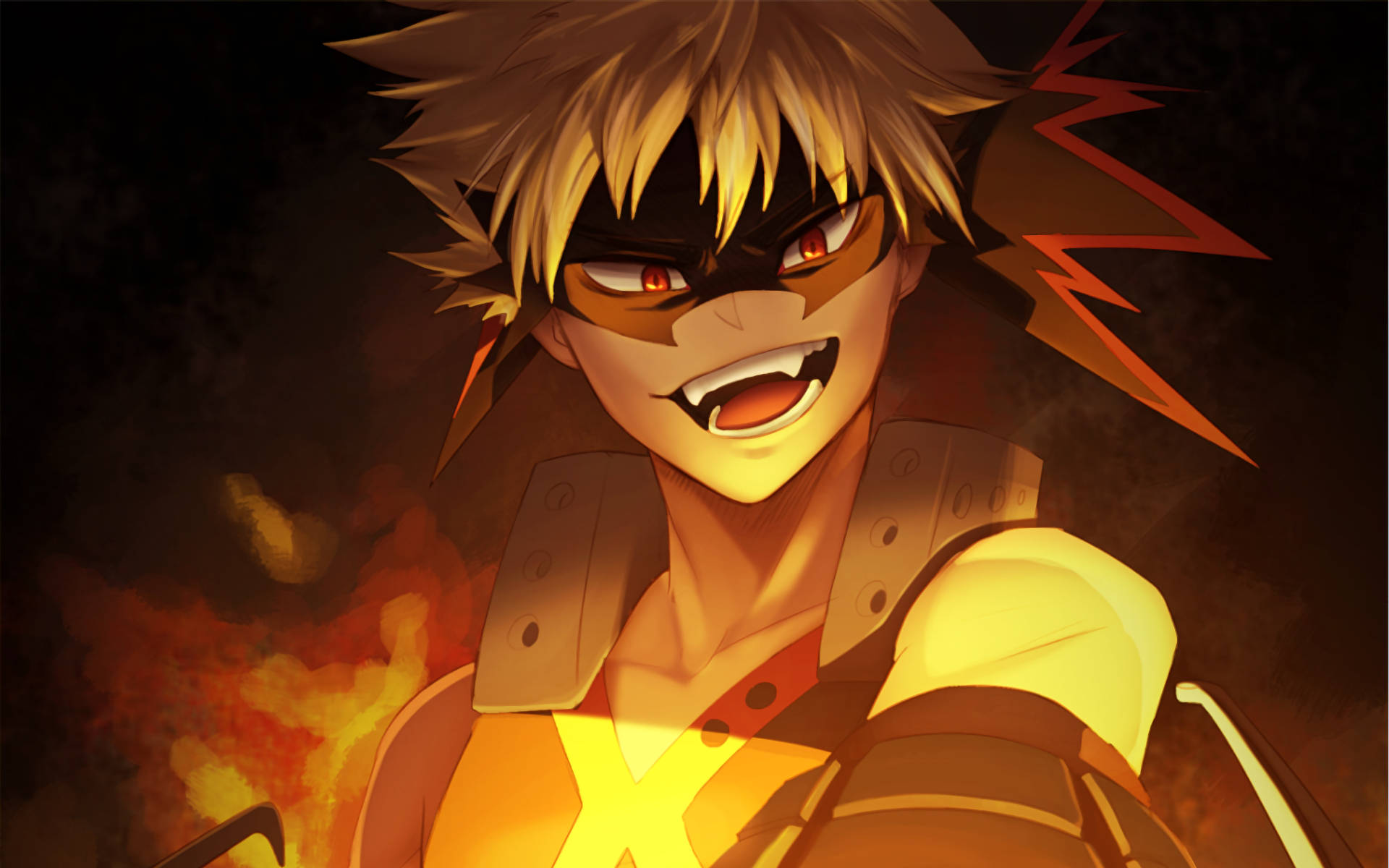 Bakugo, spiky blonde hair, glowing red eyes, Full HD Desktop Wallpaper