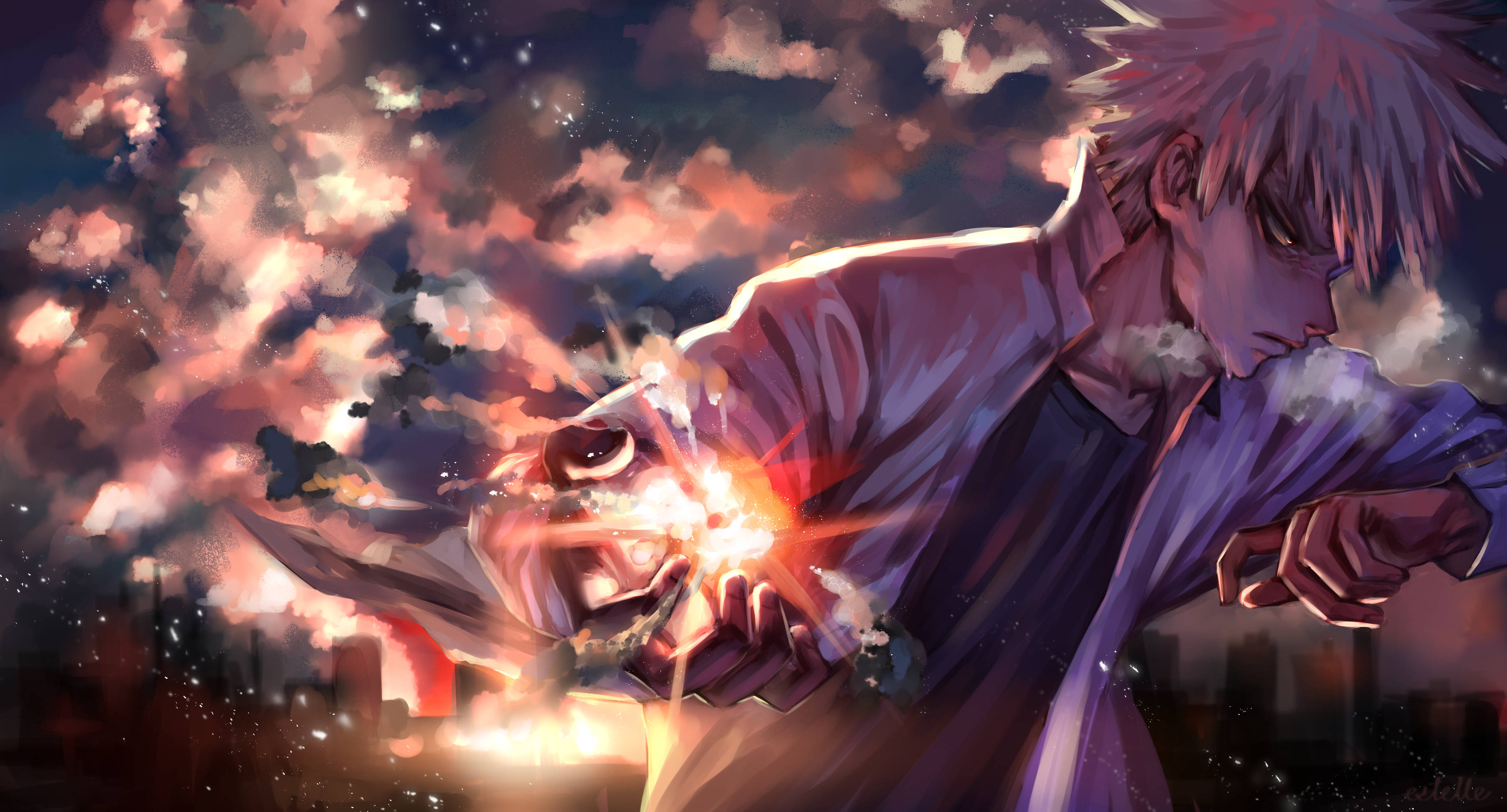 Bakugo, spiky-haired anime character, glowing energy, 2K Desktop Wallpaper