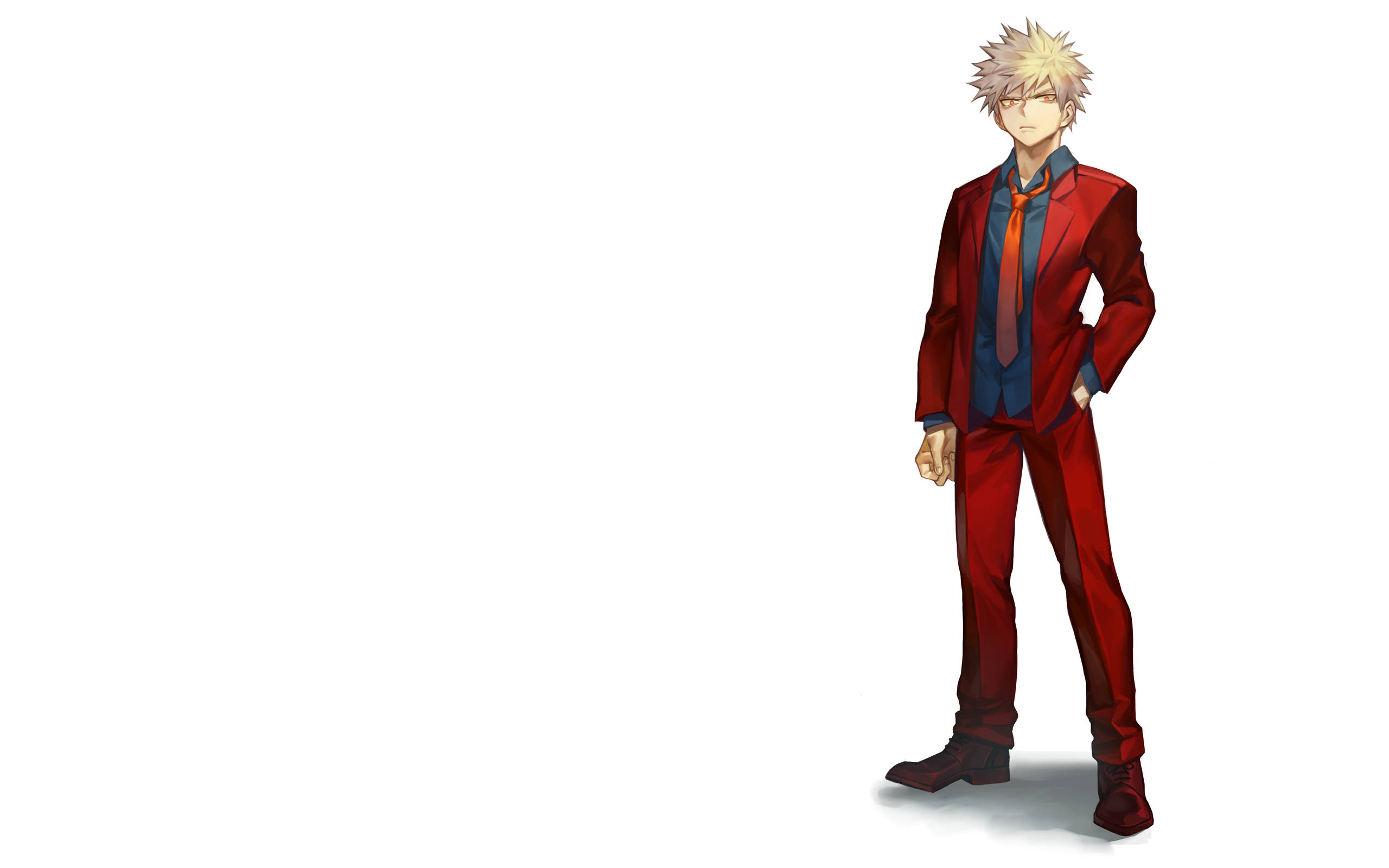 Bakugo, red suit, spiky-haired anime male, 2K Desktop Wallpaper