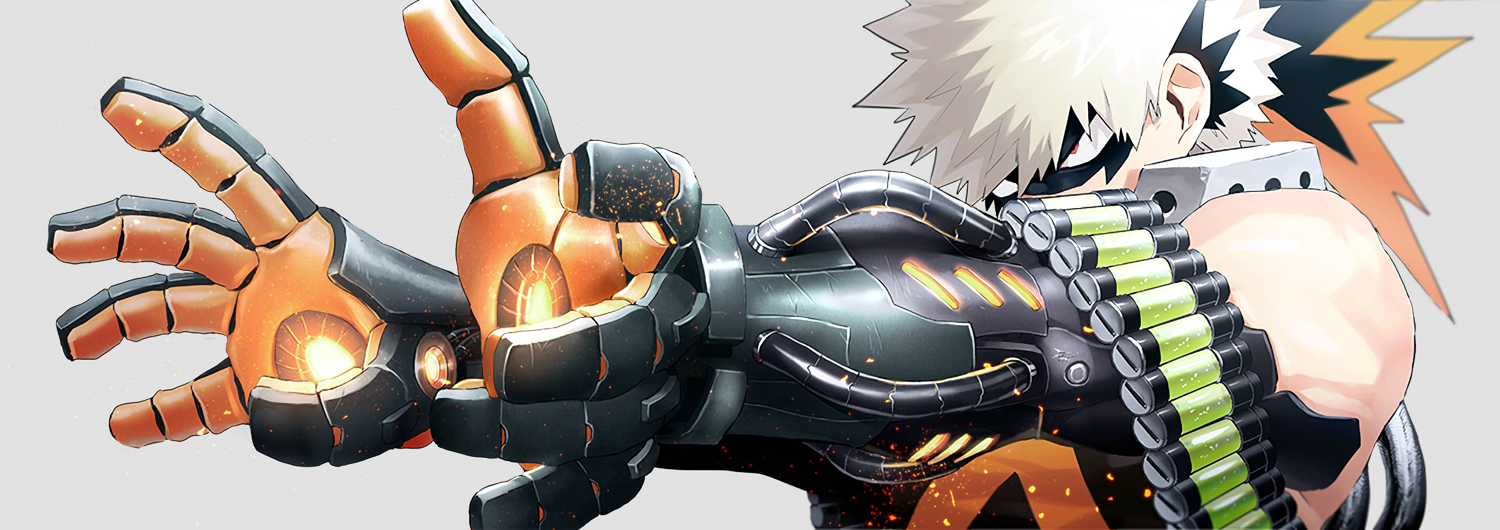 Bakugo, spiky white hair, glowing orange mechanical arm, 2K Desktop Wallpaper