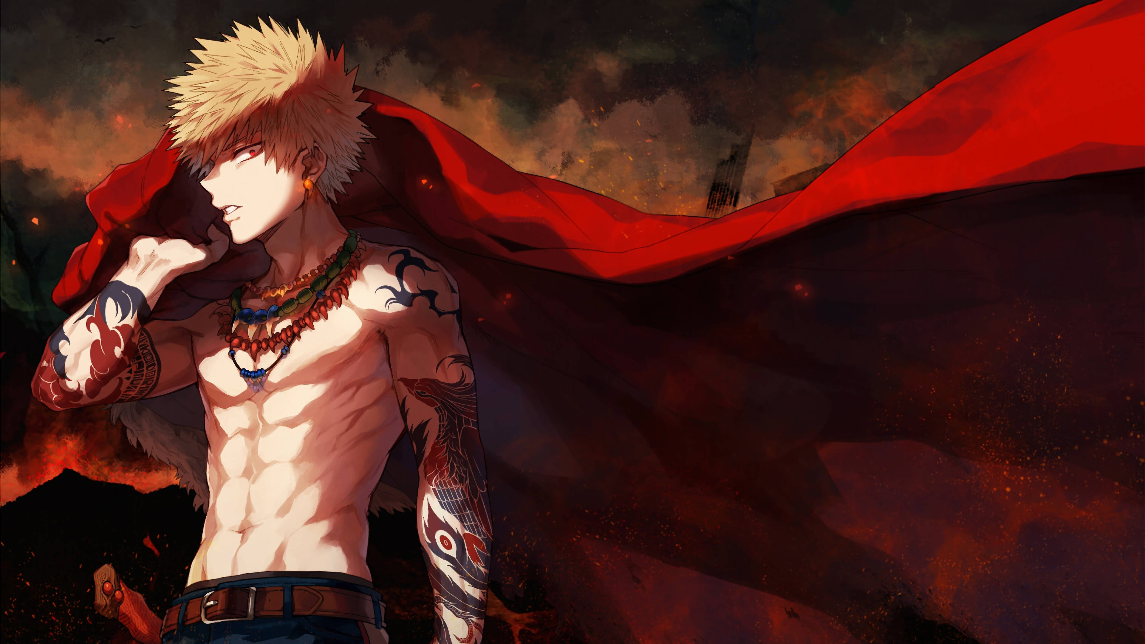 Bakugo, spiky blonde hair, tattoos, 4K Desktop Wallpaper