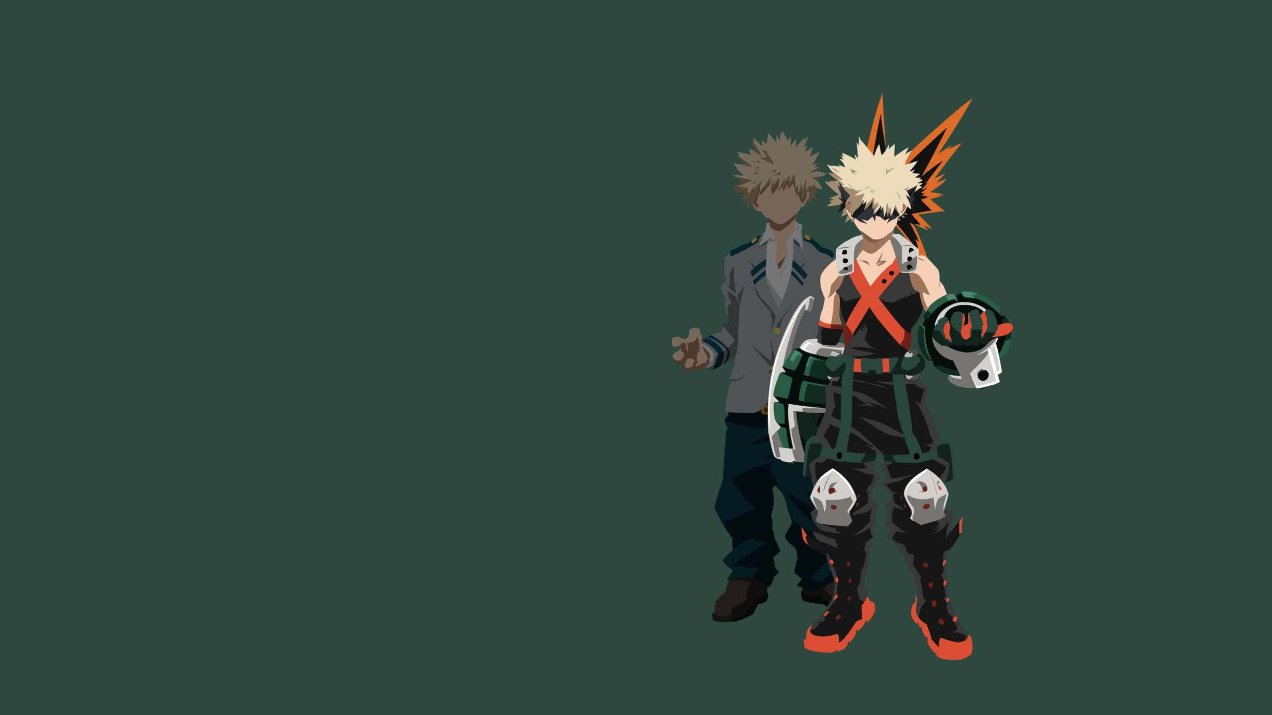 Bakugou Aesthetic, dark green background, full gear with orange accents, 2K Desktop Wallpaper
