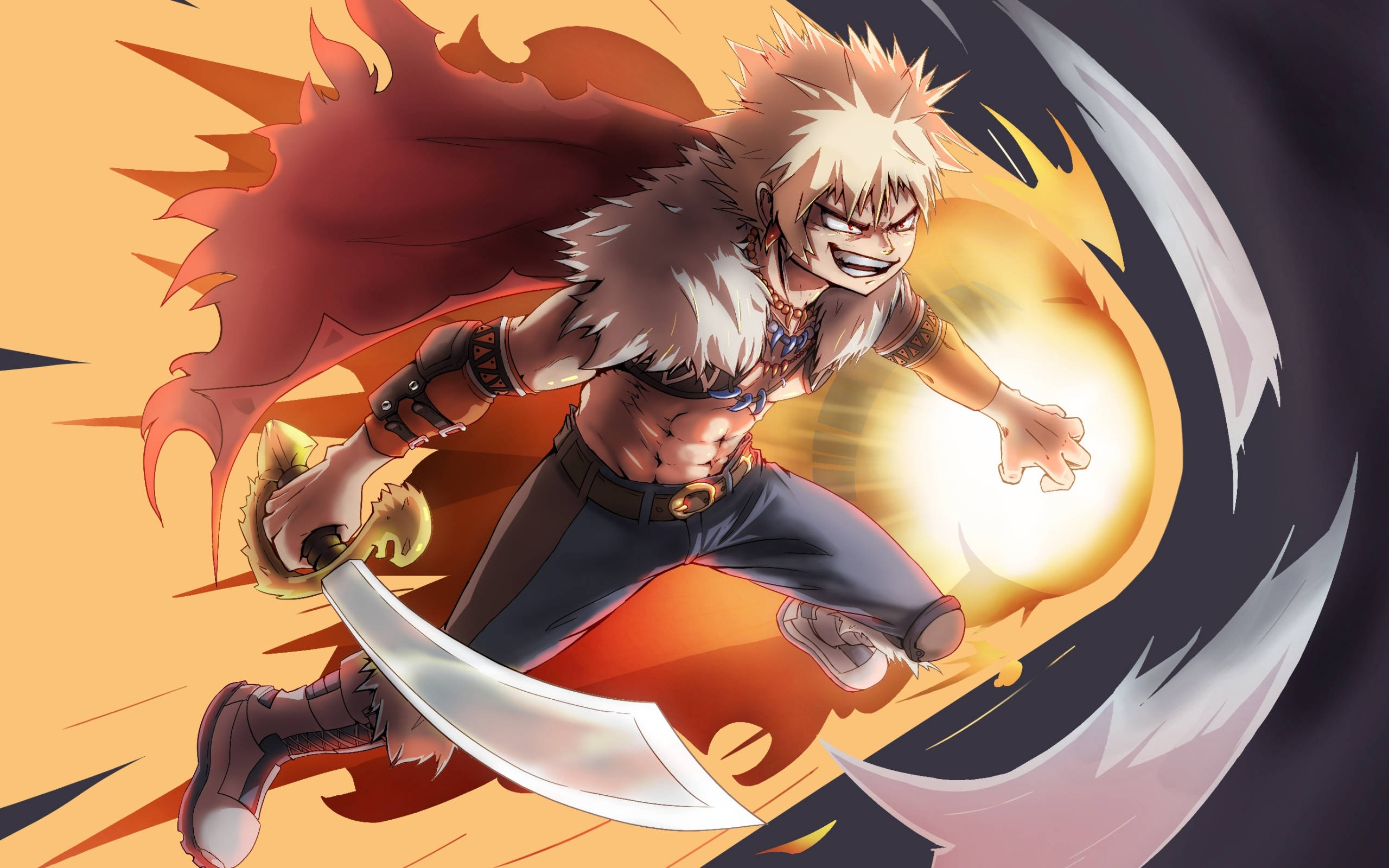 Bakugou, spiky-haired anime warrior, curved sword, 2K Desktop Wallpaper