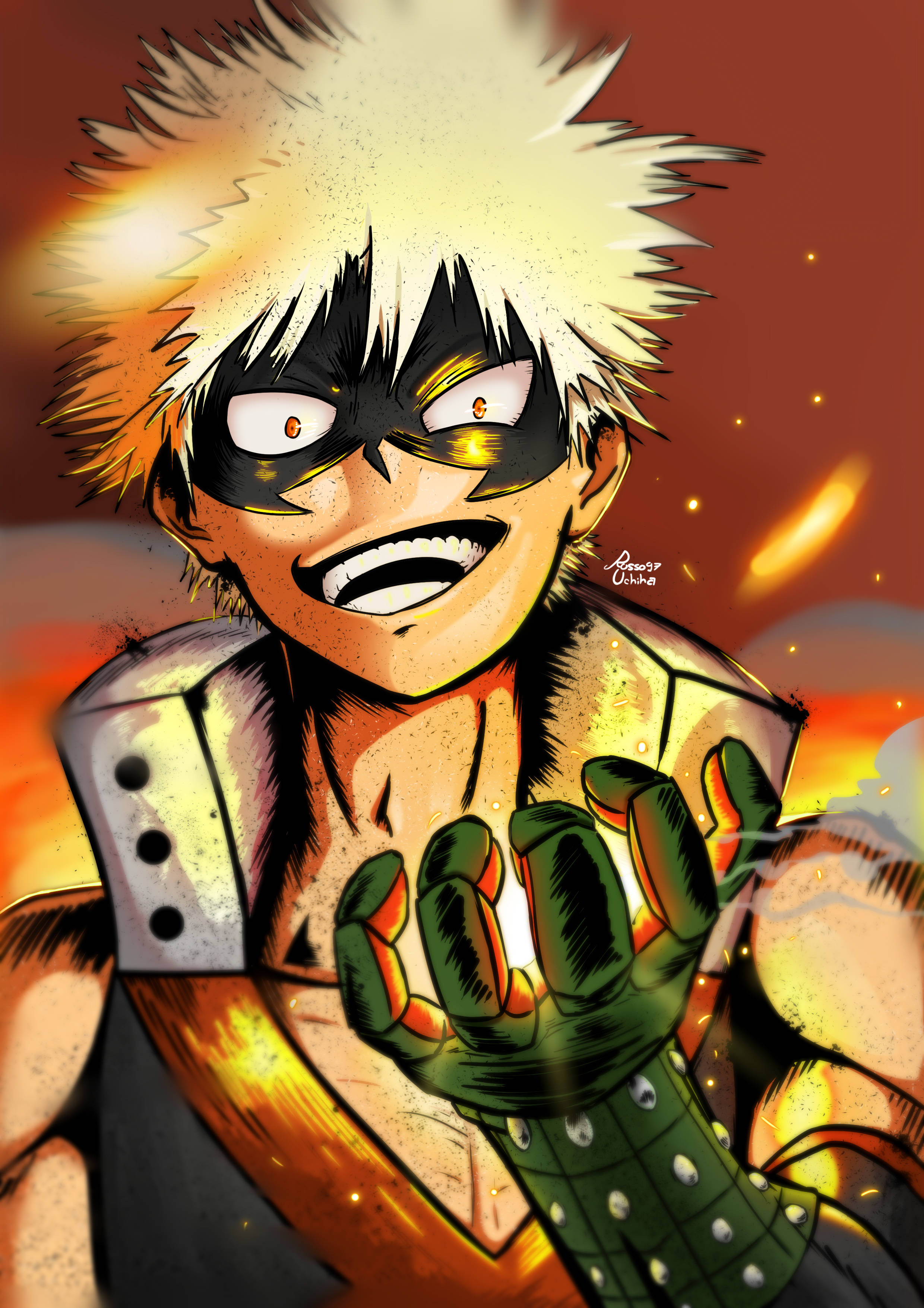 Bakugou, fiery-haired anime hero, black mask, 2K Phone Wallpaper
