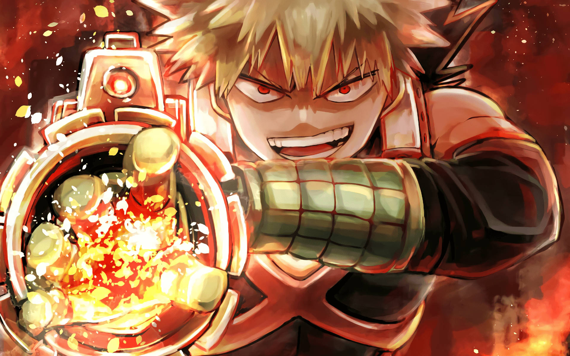 Bakugou, spiky blonde hair, glowing explosive weapon, Full HD Desktop Wallpaper