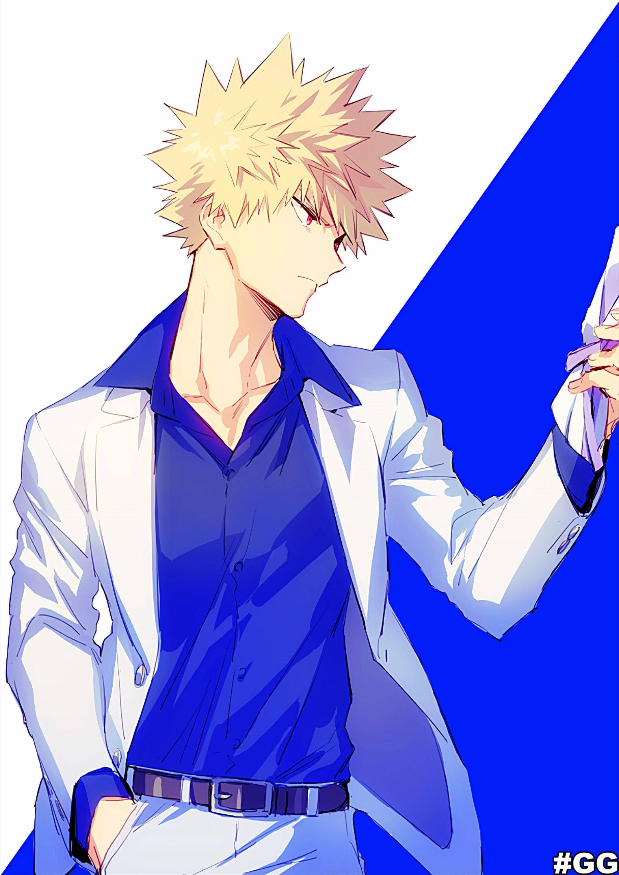 Bakugou, spiky blonde hair, blue shirt, 2K Phone Wallpaper