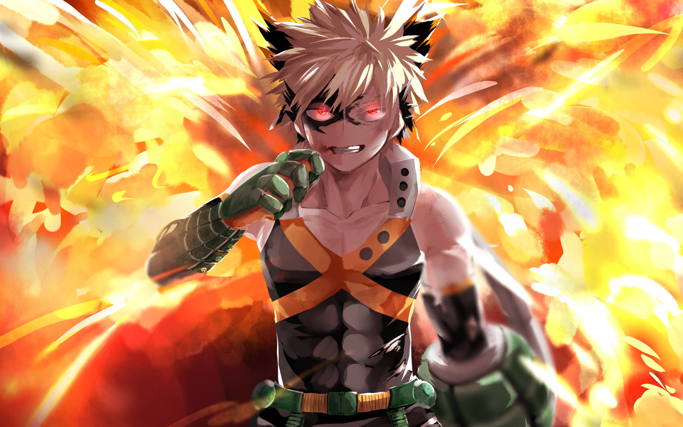 Bakugou, glowing red eyes, fiery aura, 2K Desktop Wallpaper