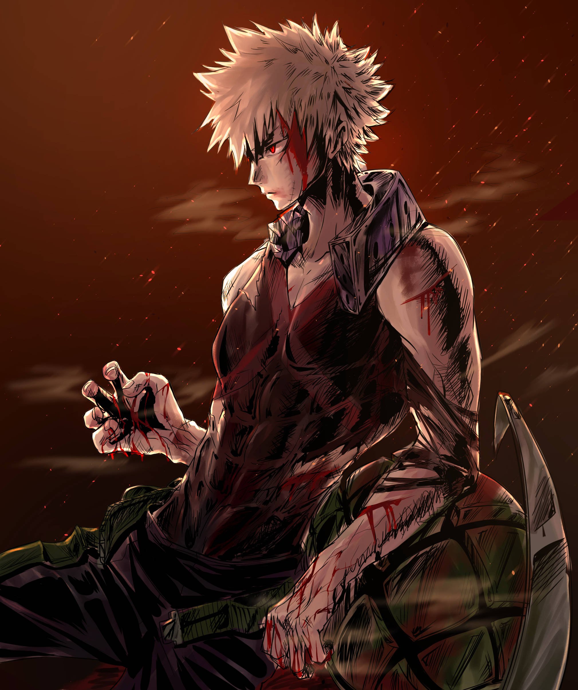 Bakugou, spiky-haired anime warrior, bloodied hands and face, Full HD Phone Wallpaper