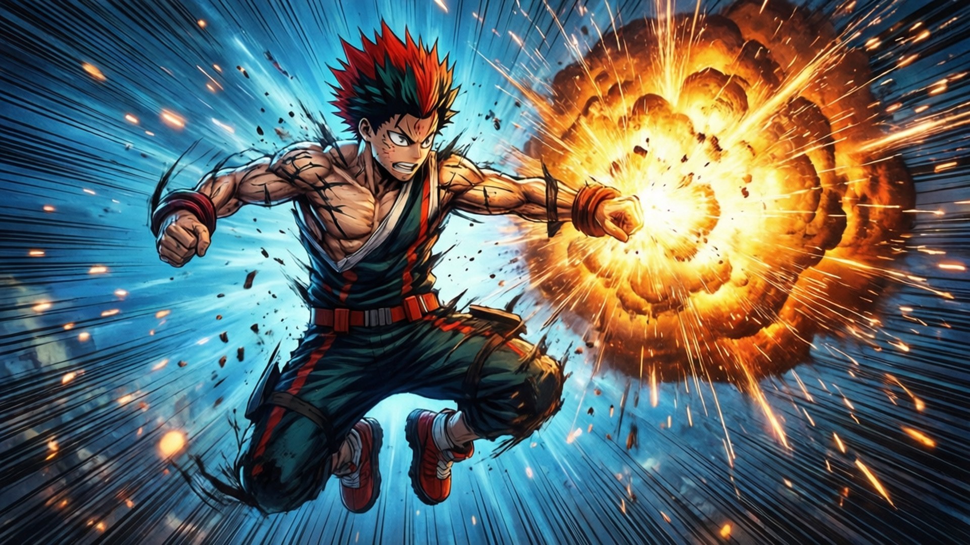 Bakugou, explosion leap, red and green hair, Full HD Desktop Wallpaper