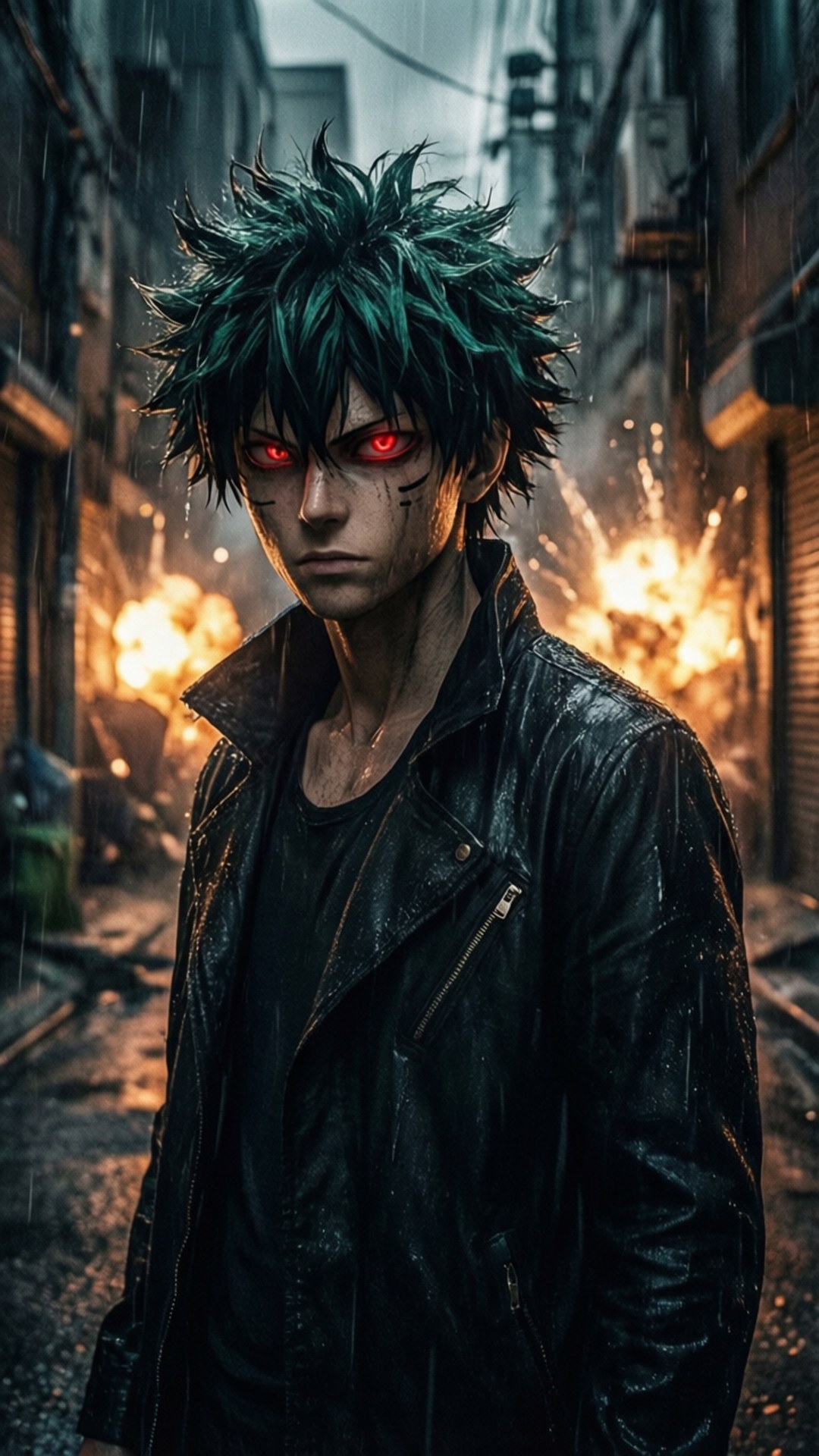 Bakugou, spiky green-haired anime warrior, glowing red eyes, Full HD Phone Wallpaper