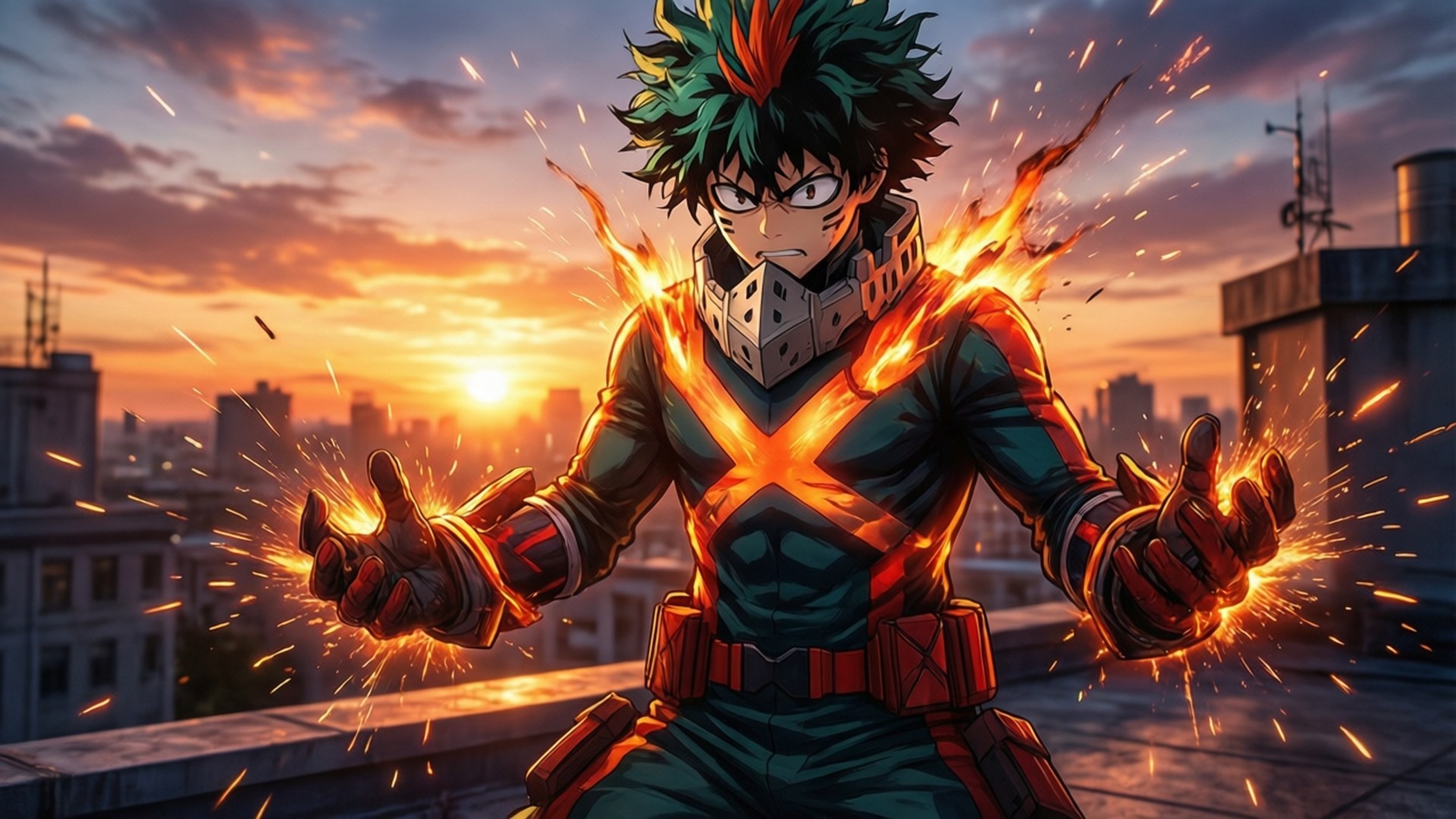Bakugou, sunset, city rooftop, Full HD Desktop Wallpaper