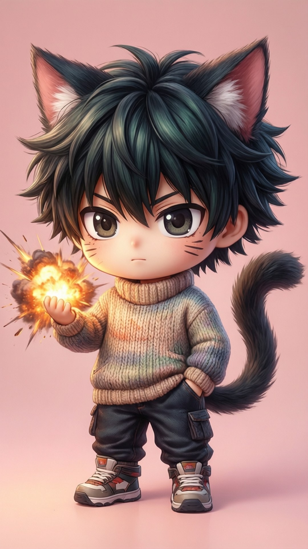 chibi anime boy, black cat ears, tail, Full HD Phone Wallpaper