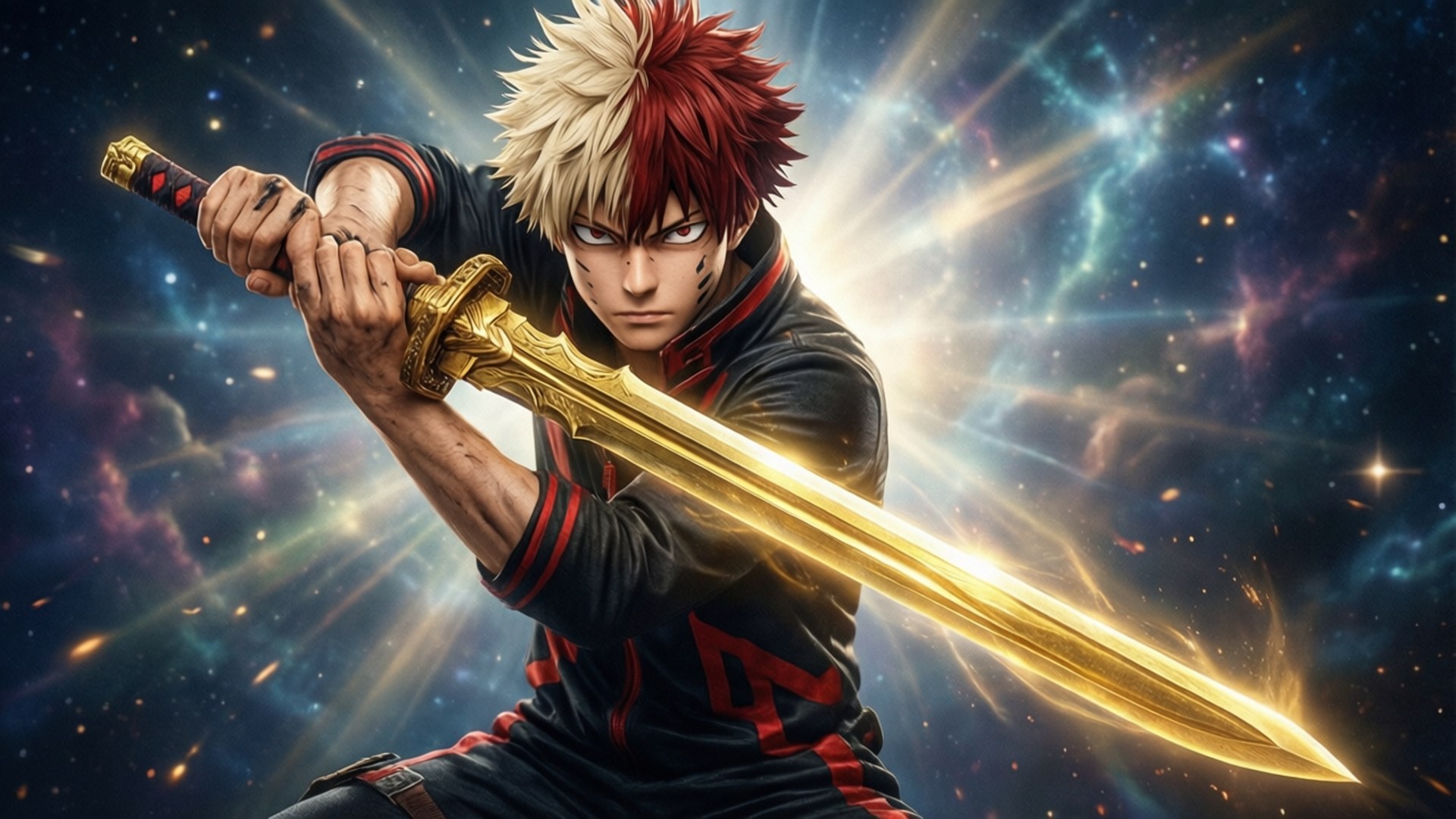 Bakugou, golden sword, cosmic nebula, Full HD Desktop Wallpaper