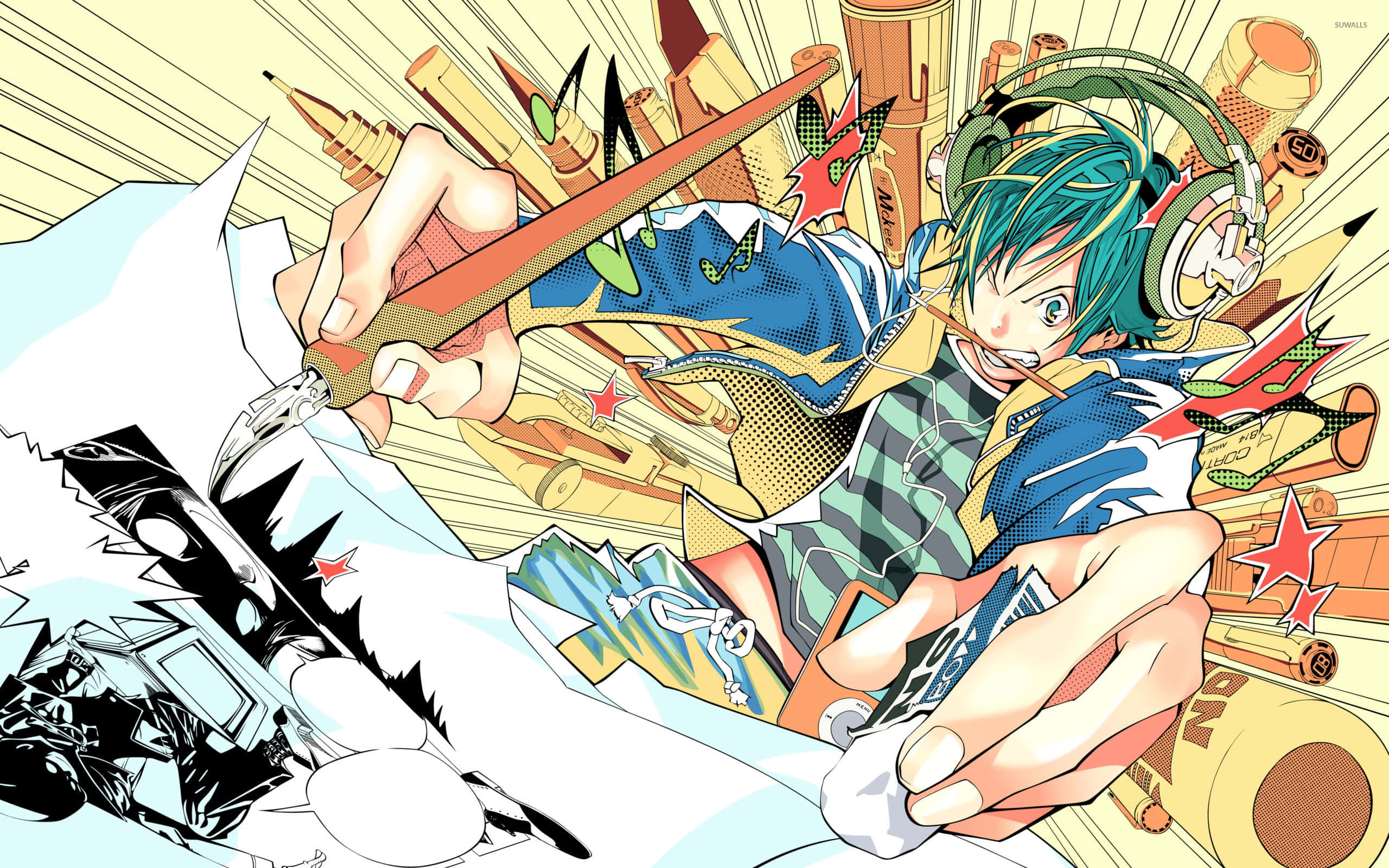 Moritaka Mashiro, teal hair, headphones, 2K Desktop Wallpaper