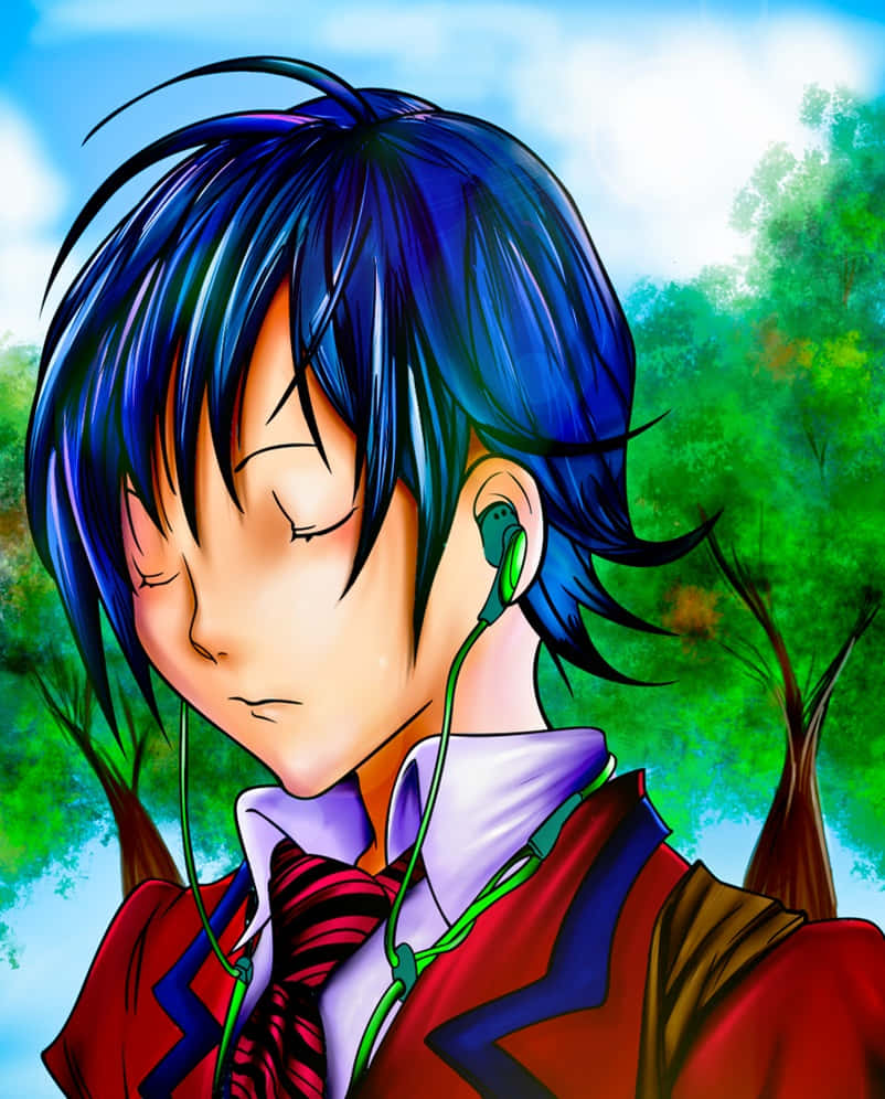 Moritaka Mashiro, blue-haired anime boy, green earphones, SD Phone Wallpaper
