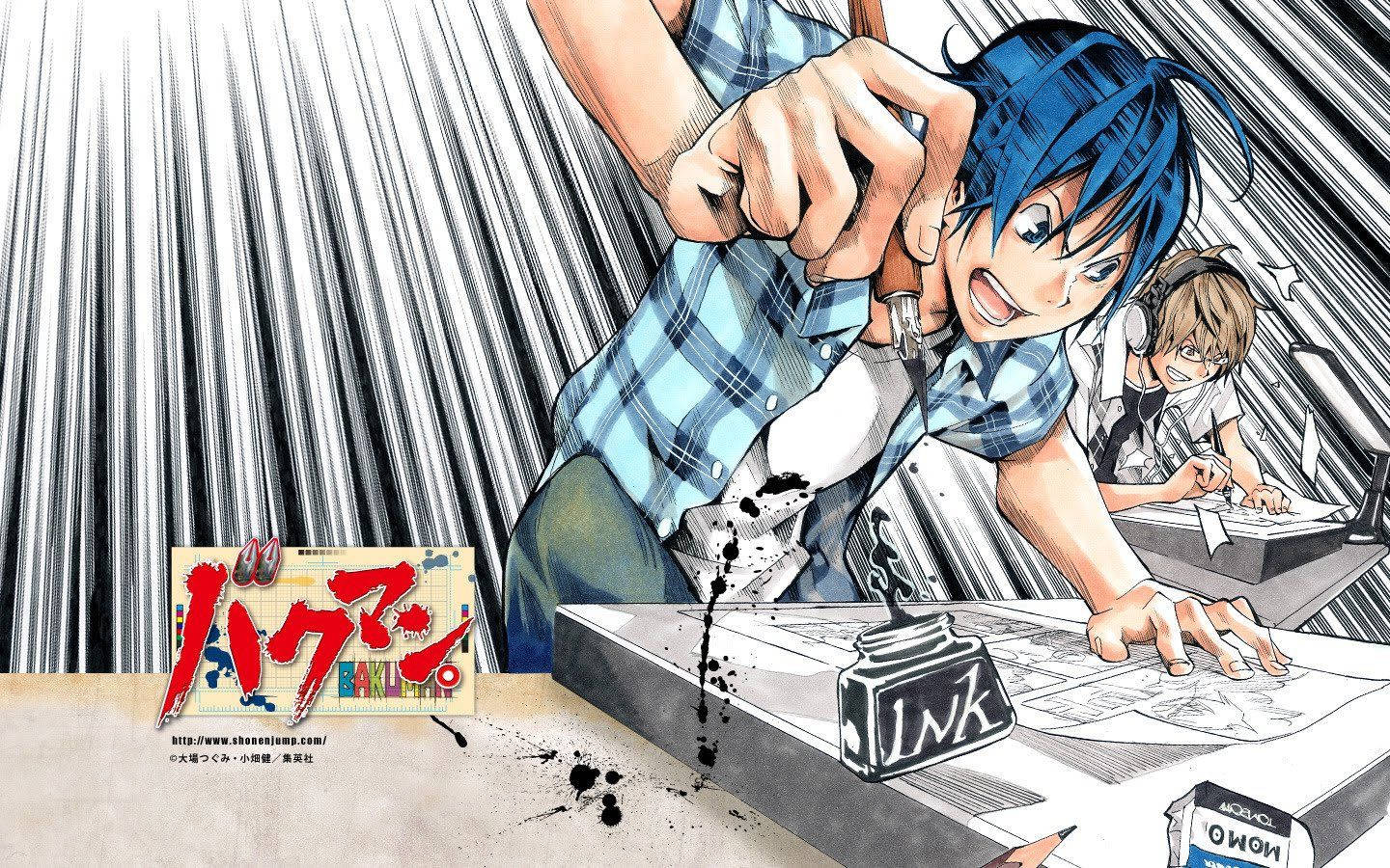Bakuman, blue-haired anime boy, brush, HD Desktop Wallpaper