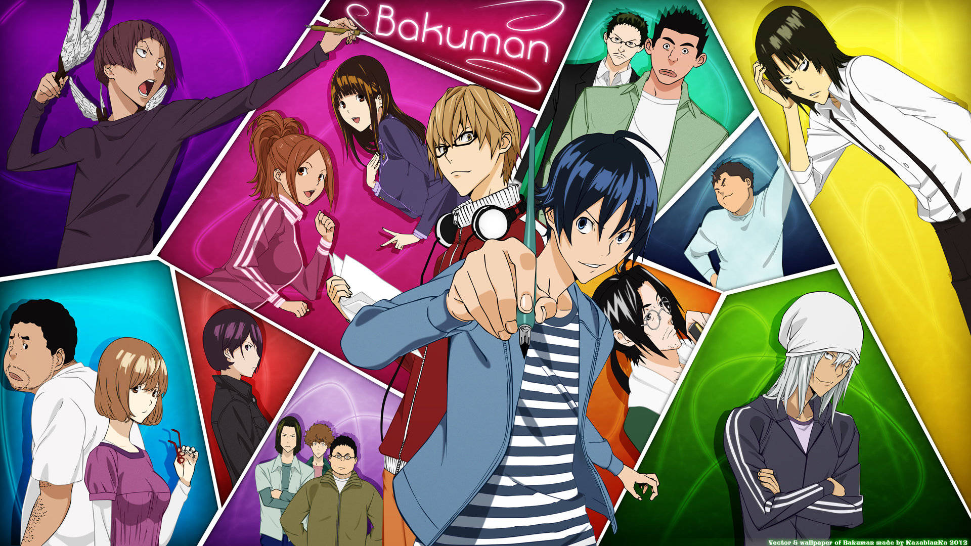 Bakuman, anime characters, colorful geometric panels, Full HD Desktop Wallpaper