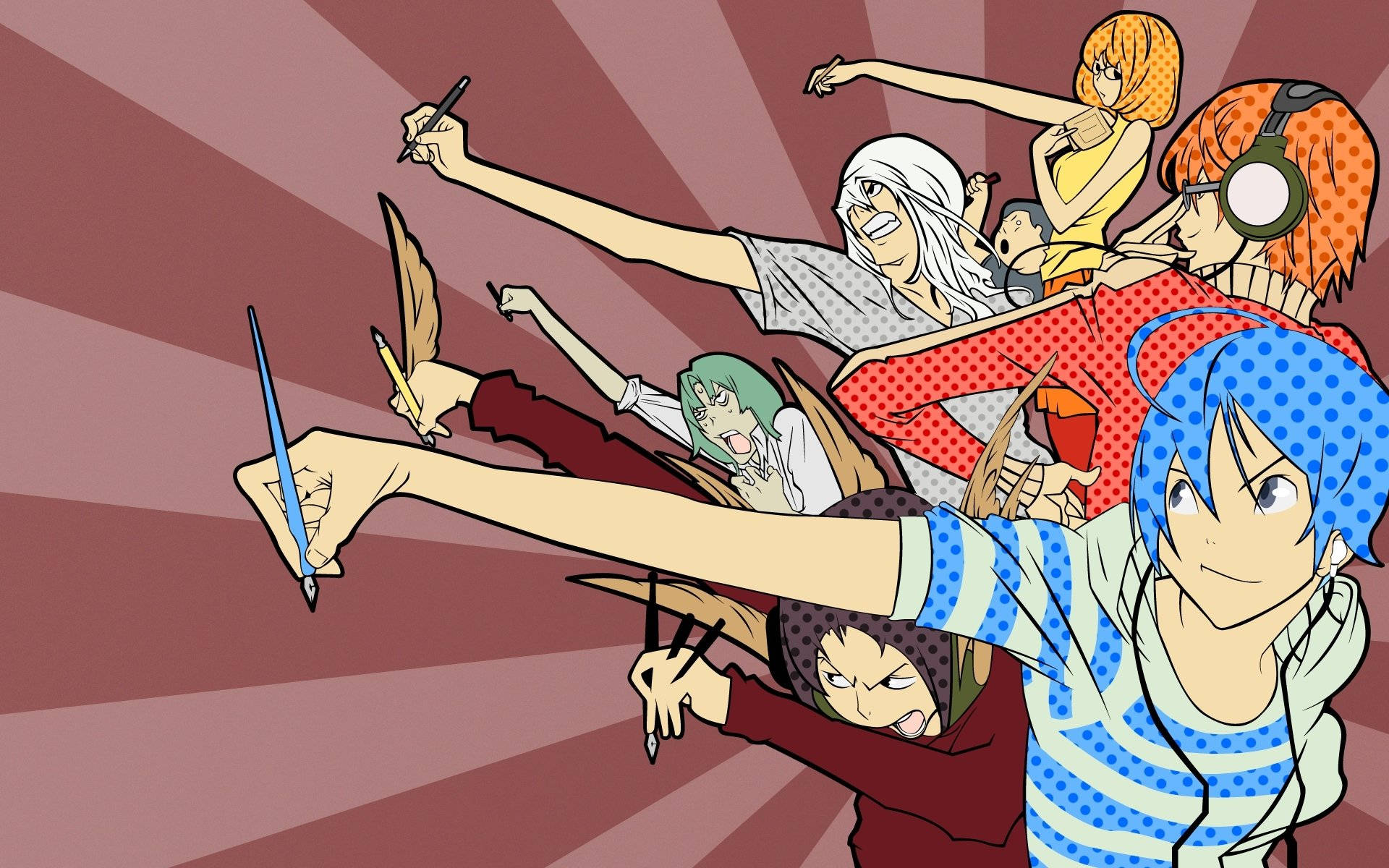 Bakuman, digital vector art, radial maroon background, Full HD Desktop Wallpaper