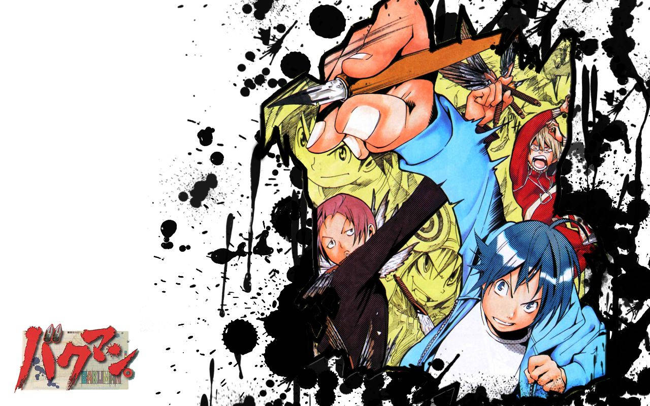 Bakuman, black ink splatters, dynamic anime characters, HD Desktop Wallpaper