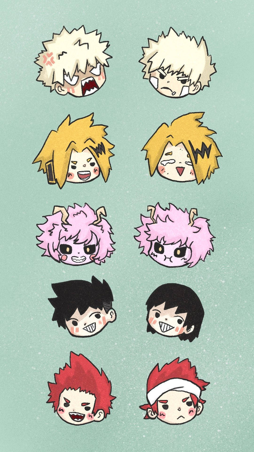 Bakusquad, chibi anime character heads, muted teal background, Full HD Phone Wallpaper