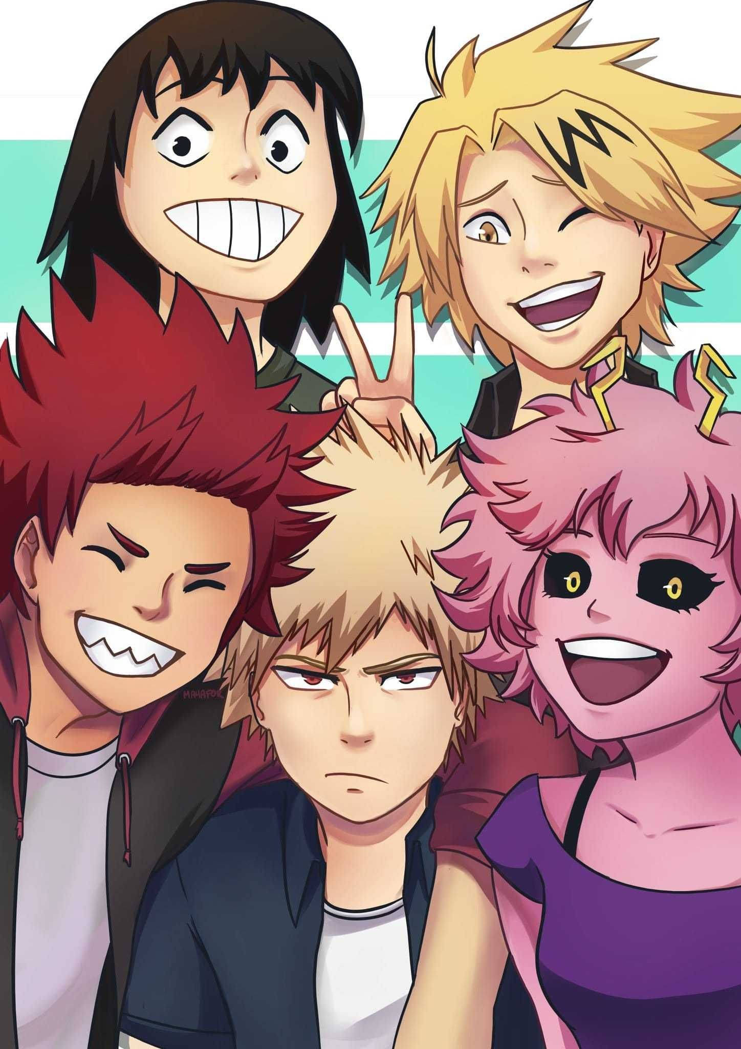 Bakusquad, teal and white striped background, five anime characters, Full HD Phone Wallpaper